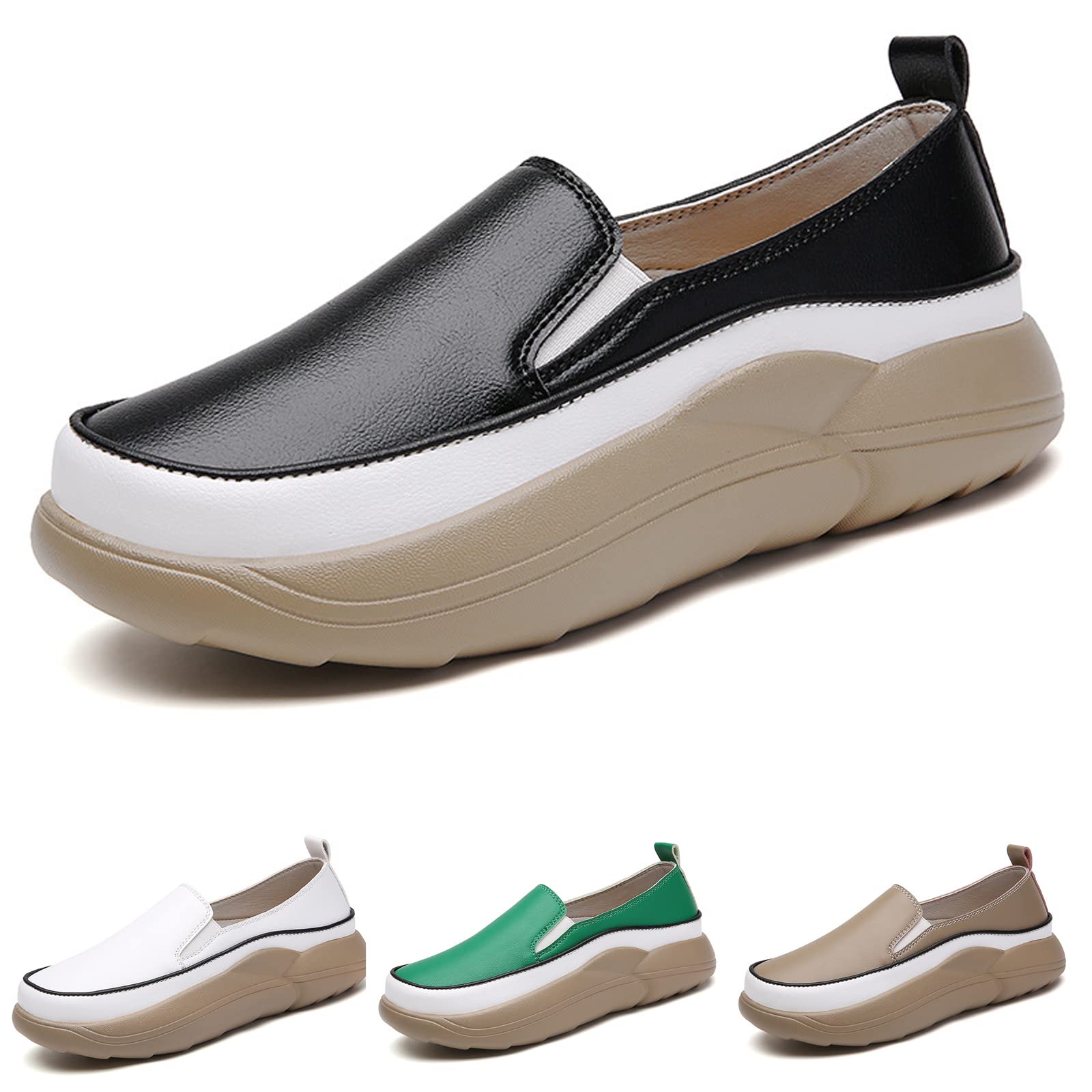 Women's Leather Slip-On Platform Increased Height Round Toe Loafers,Non-Slip Comfortable Walking Fashion Casual Shoes