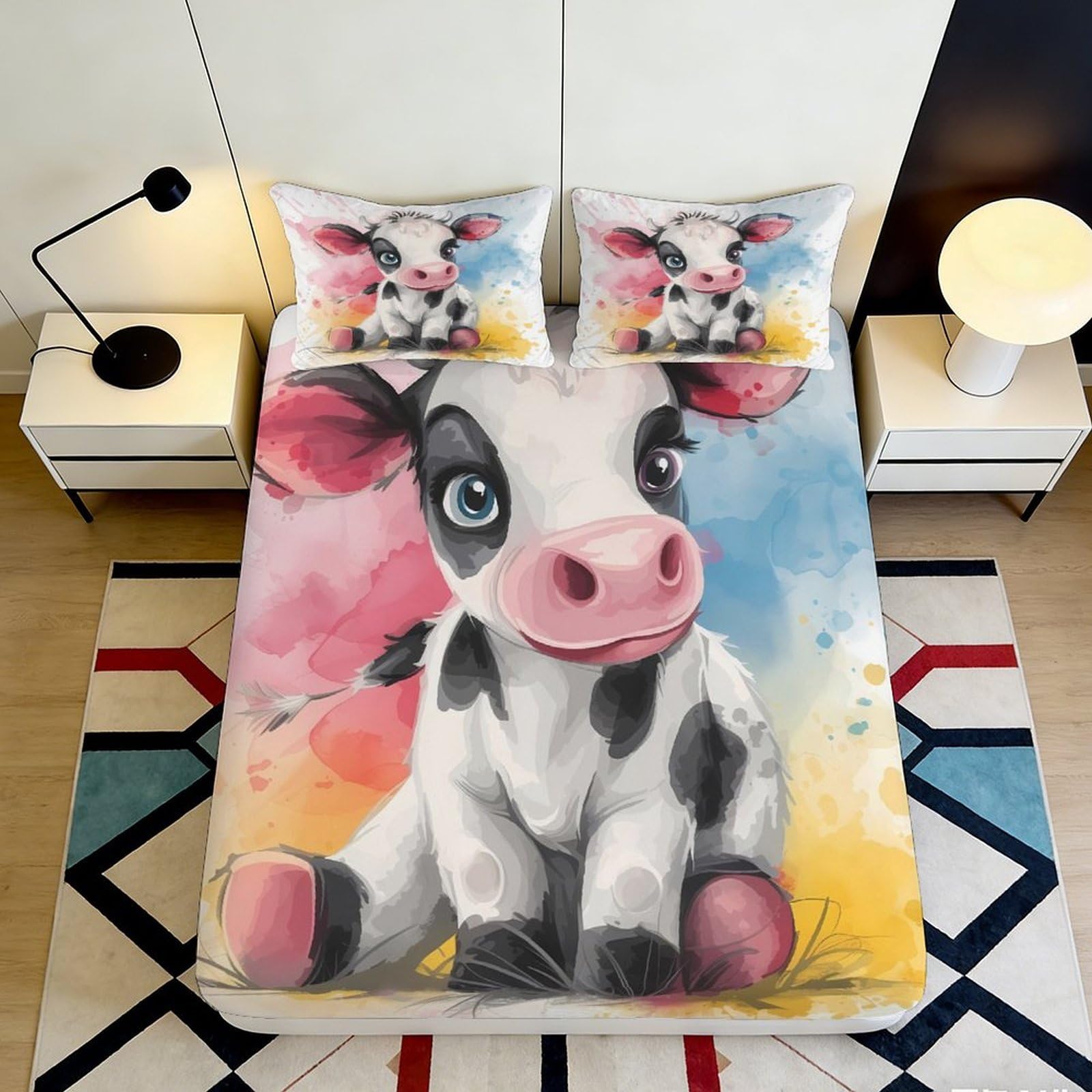 3D Printed Cute Cow Fitted Sheet Microfiber Soft Colourful Cartoon Bed Sheet for Bedroom Guest Room Decor 90x200x25cm