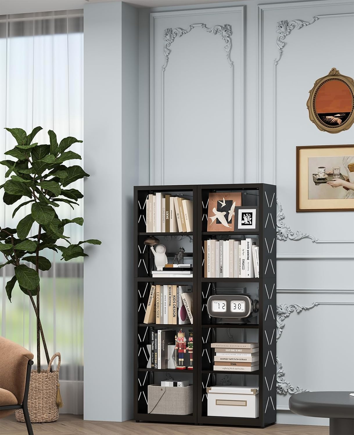 5-Tier Bookshelf, Metal Bookcase with Adjustable Shelves for Home Office, Kitchen and Garage, Modern Corner Tall Shelves with Anti-Tip Kit & Leveling Feet, Heavy-Duty Display Storage Organizer (Black)