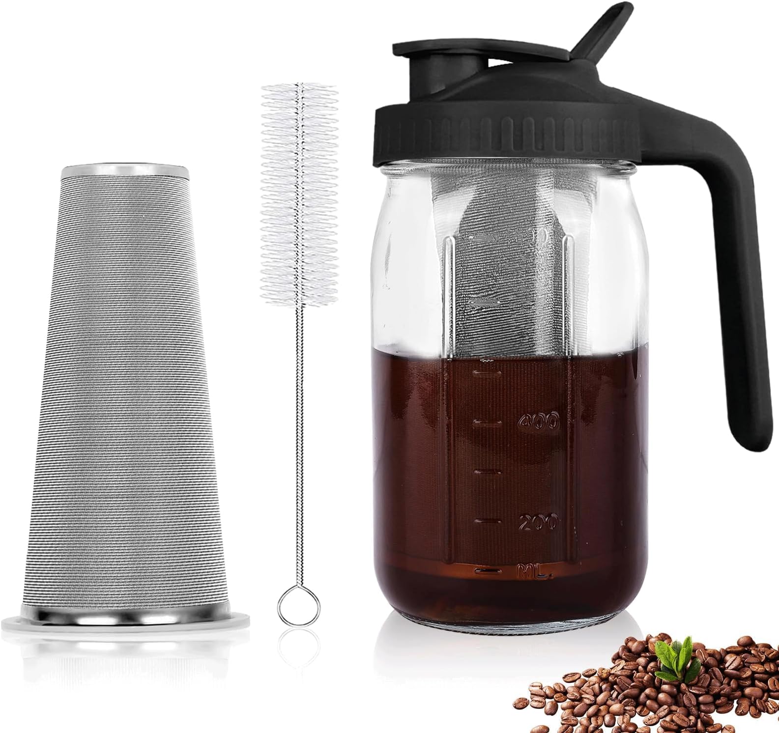Cold Brew Coffee Maker, 32oz Cold Brew Pitcher with Stainless Steel Super Dense Filter, Durable Glass, BPA Free Sturdy Mason jar, for Iced Brew Coffee, Lemonade, Homemade Fruit Drinks Container