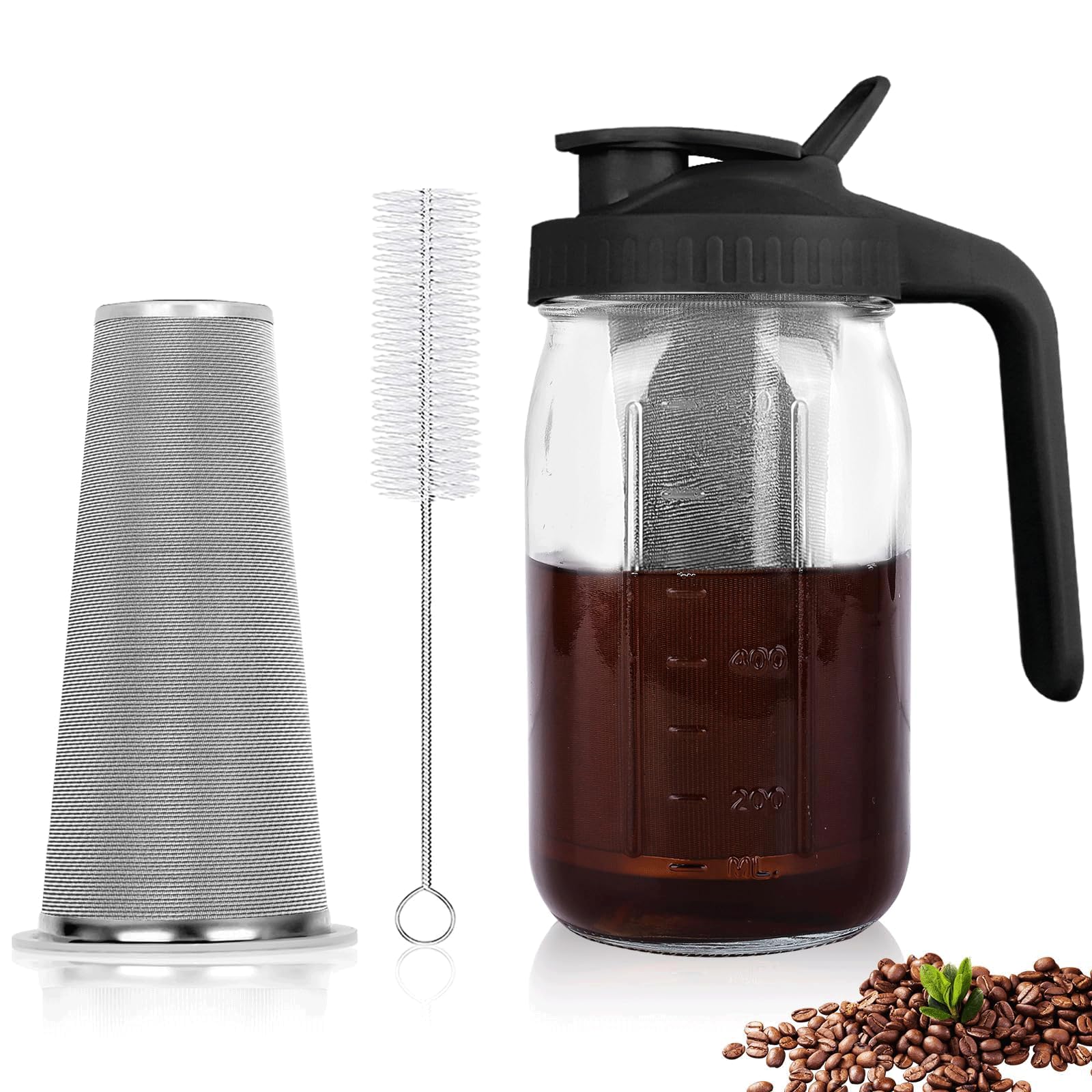 Cold Brew Coffee Maker, 32 oz Mason Jar Pitcher with Stainless Steel Filter, Pour Spout Handle Lid, Heavy Duty Glass Airtight &amp; Leak-Proof for Iced Coffee,Tea &amp; Lemonade