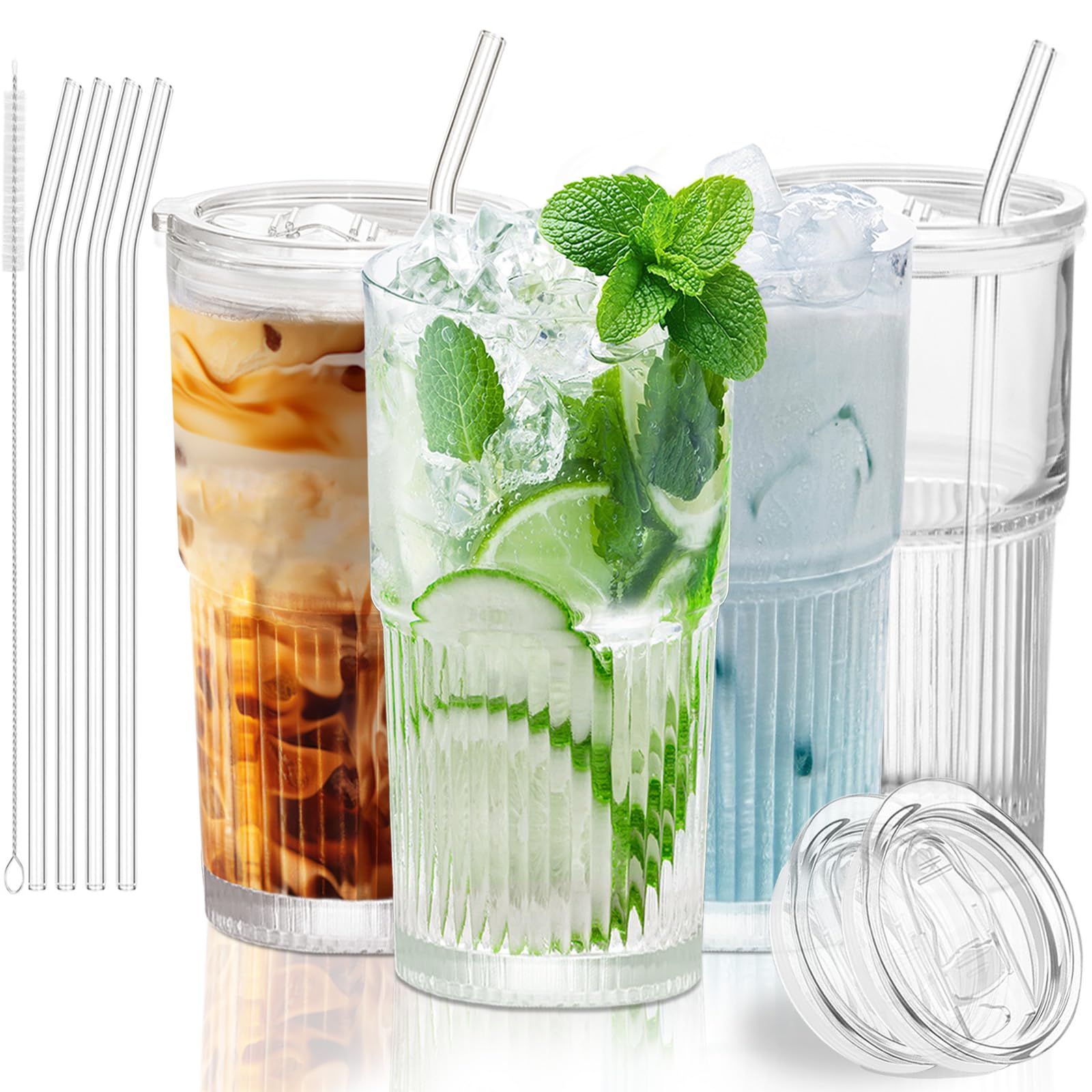 Luiaiog Glass Cups with Lids and Straws Set of 4, 18.6 oz Ribbed Drinking Glasses, Leakproof Glass Tumblers for Iced Coffee, Smoothie, Boba, Reusable Cups with Straw Brushes, Dishwasher Safe