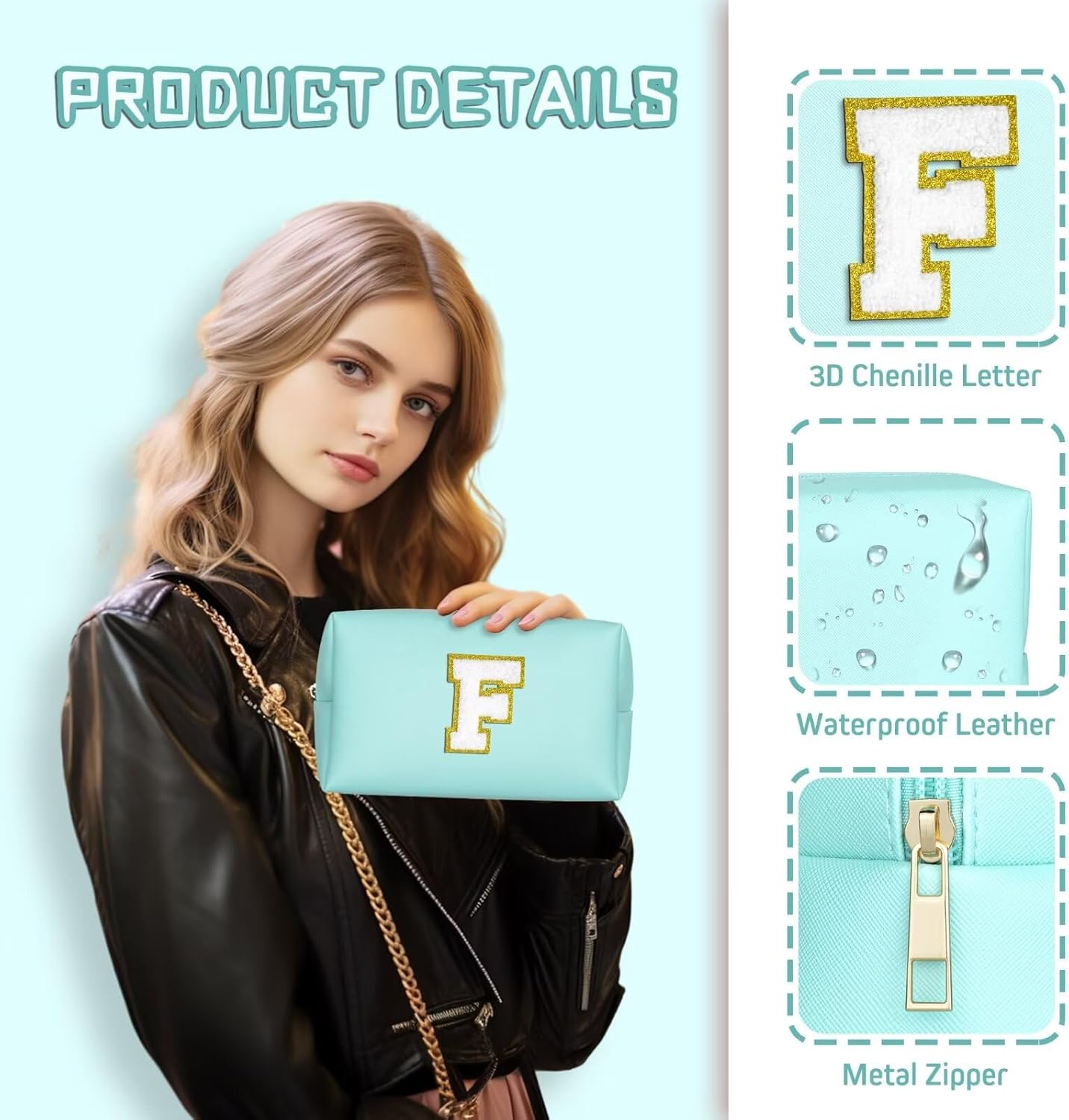 TOPEAST Birthday Gifts for Girls, Travel Makeup Bag Chenille Letter Pouch Cosmetic Bag, Makeup Travel Organizer, Monogrammed Bridesmaid Gifts for Women, Cute Stuff for Girls (Blue J) - Image 4