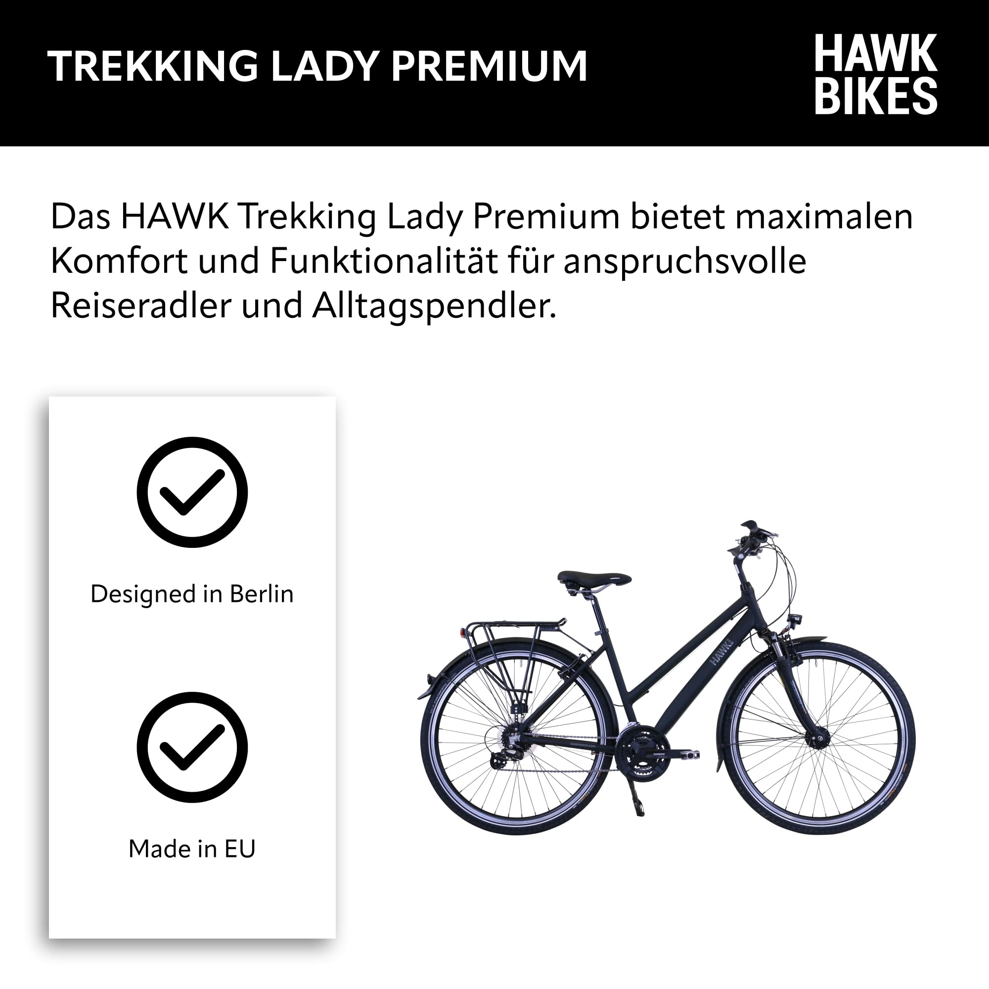 HAWK Trekking Lady Premium Fahrrad Damen I Bike mit Microshift 24 Gang Kettenschaltung, Felgenbremse & LED Beleuchtung I Allrounder I Schwarz