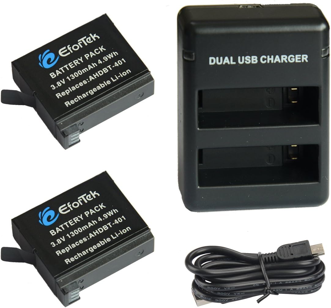 EforTek 1300mAh Replacement Battery (2-Pack) and Dual USB Charger for Gopro AHDBT-401 and Gopro Hero4