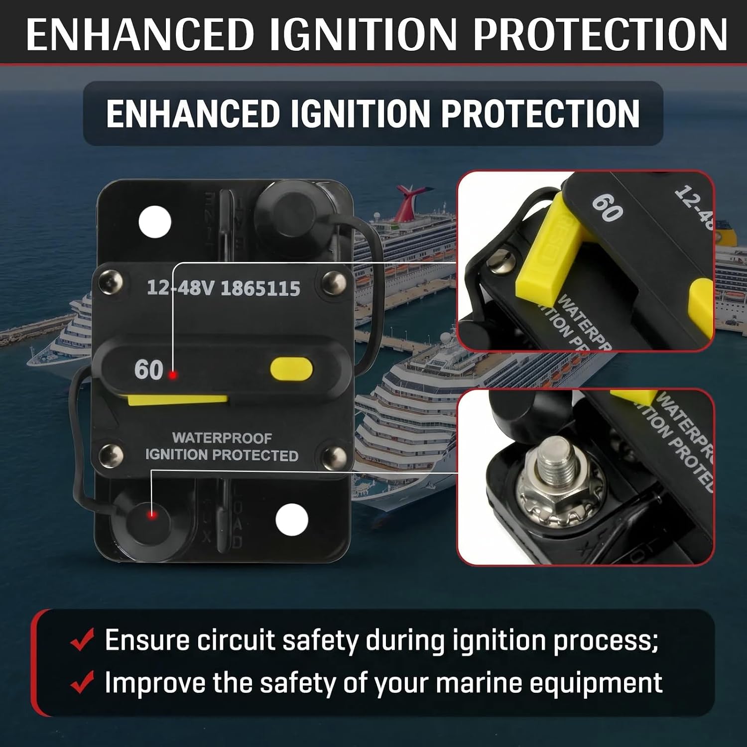 60 Amp Circuit Breaker & Trolling Motor Plug Combo - MKR-27 Breaker 1865115 with MKR-28 Plug Receptacle 1865120, Waterproof IP67 for Minn Kota 12/24/36/48V Trolling Motors, Marine Boat Accessories