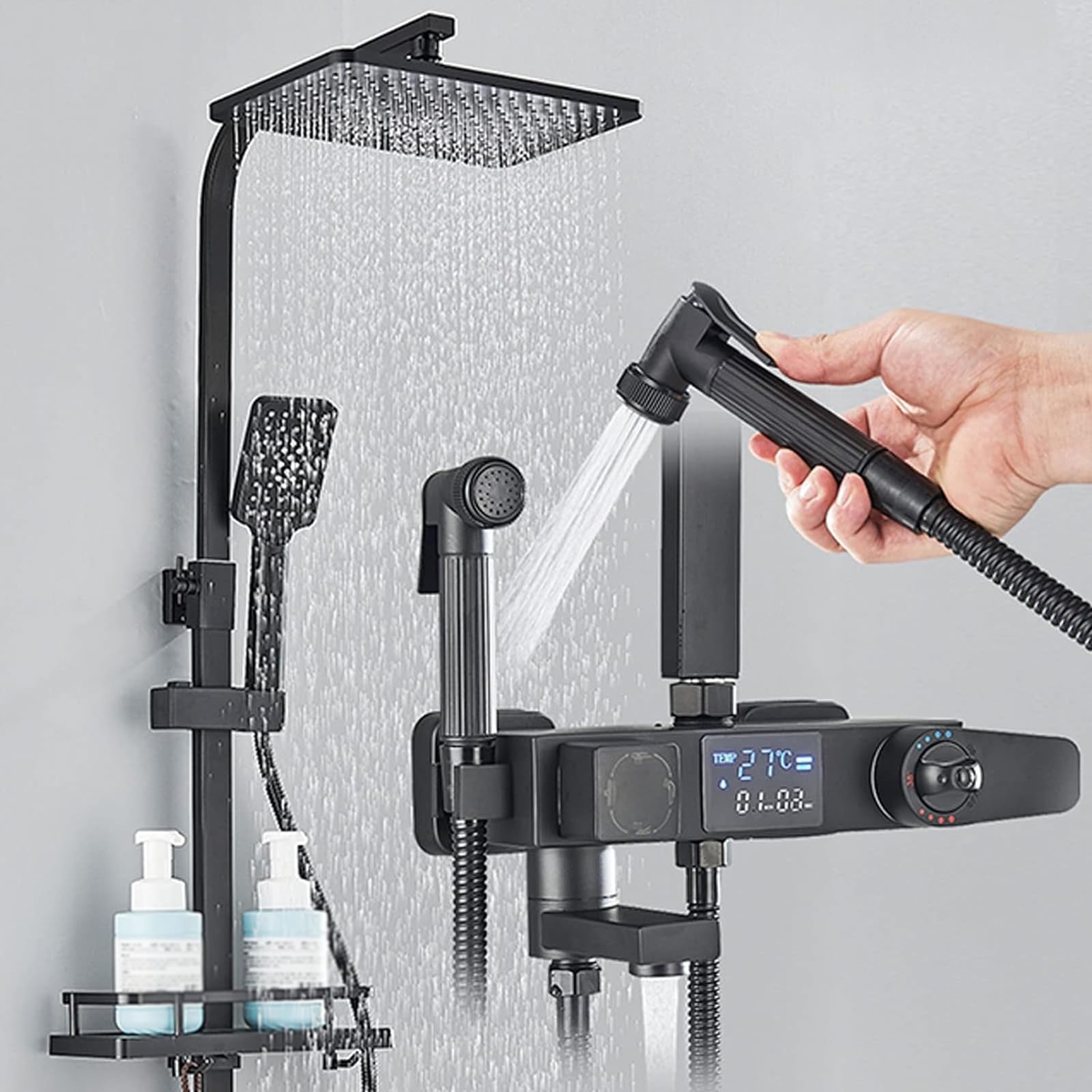 Douche thermostatique noire au design épuré avec mitigeur mural