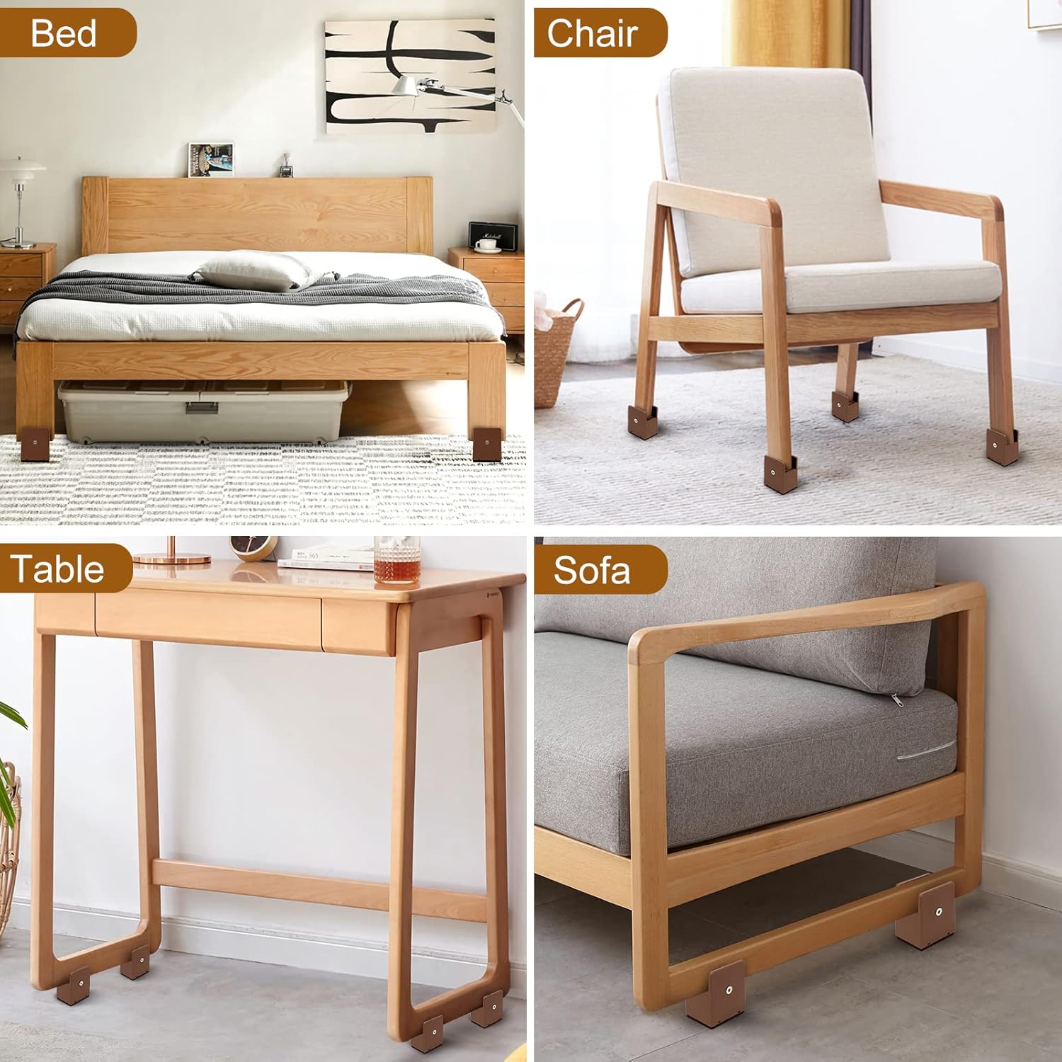 Bed Risers 2 Inch with Adjustable Screw Clamp, 4 Pack Heavy Duty Furniture Risers, Supports up to 5,000 lbs, Fits Furniture Legs with Thickness from 0 to 1.3 Inch(Brown, Type-S)