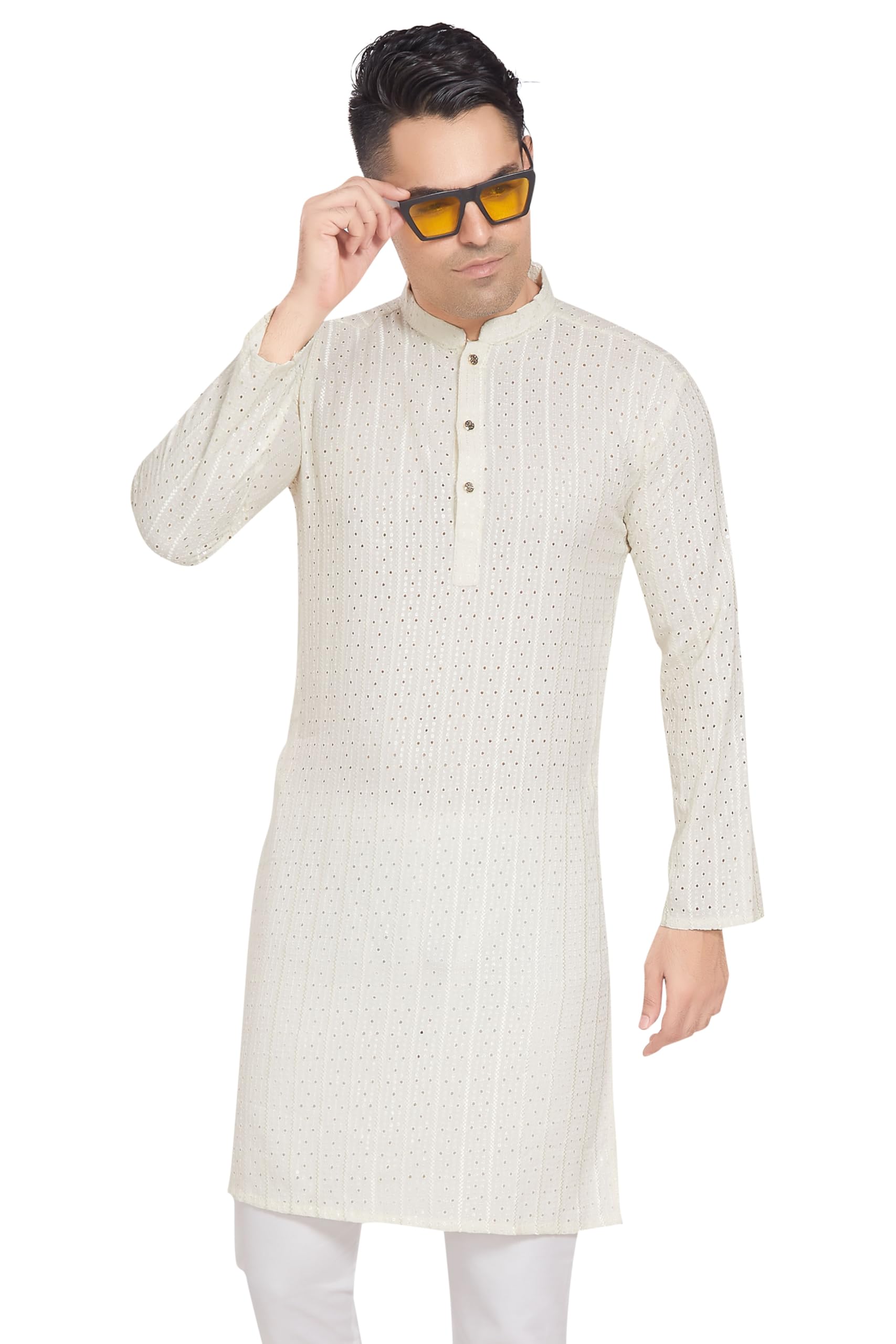 Divisive Men's Embroidered Cotton Blend Only Slim Fit Kurta (Dkrt377_L_Cream)