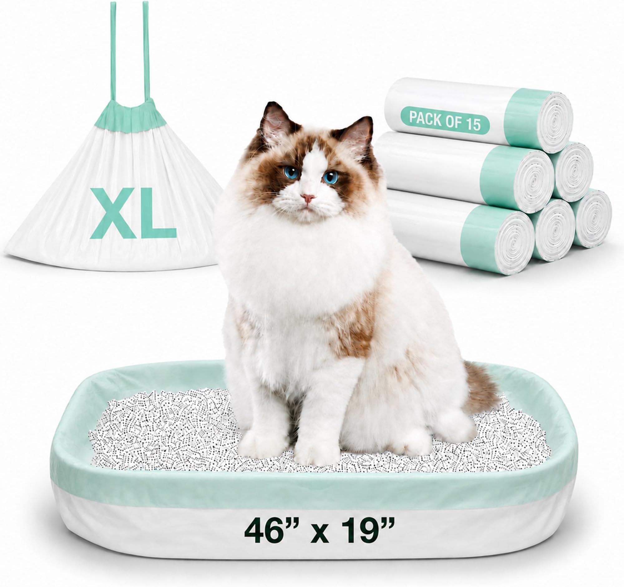 15 Count Extra Large Litter Box Liners, 46x19 Inches – Extra Thick | Pre-Seperated - Extra Thick, Heavy Duty, Drawstring Design