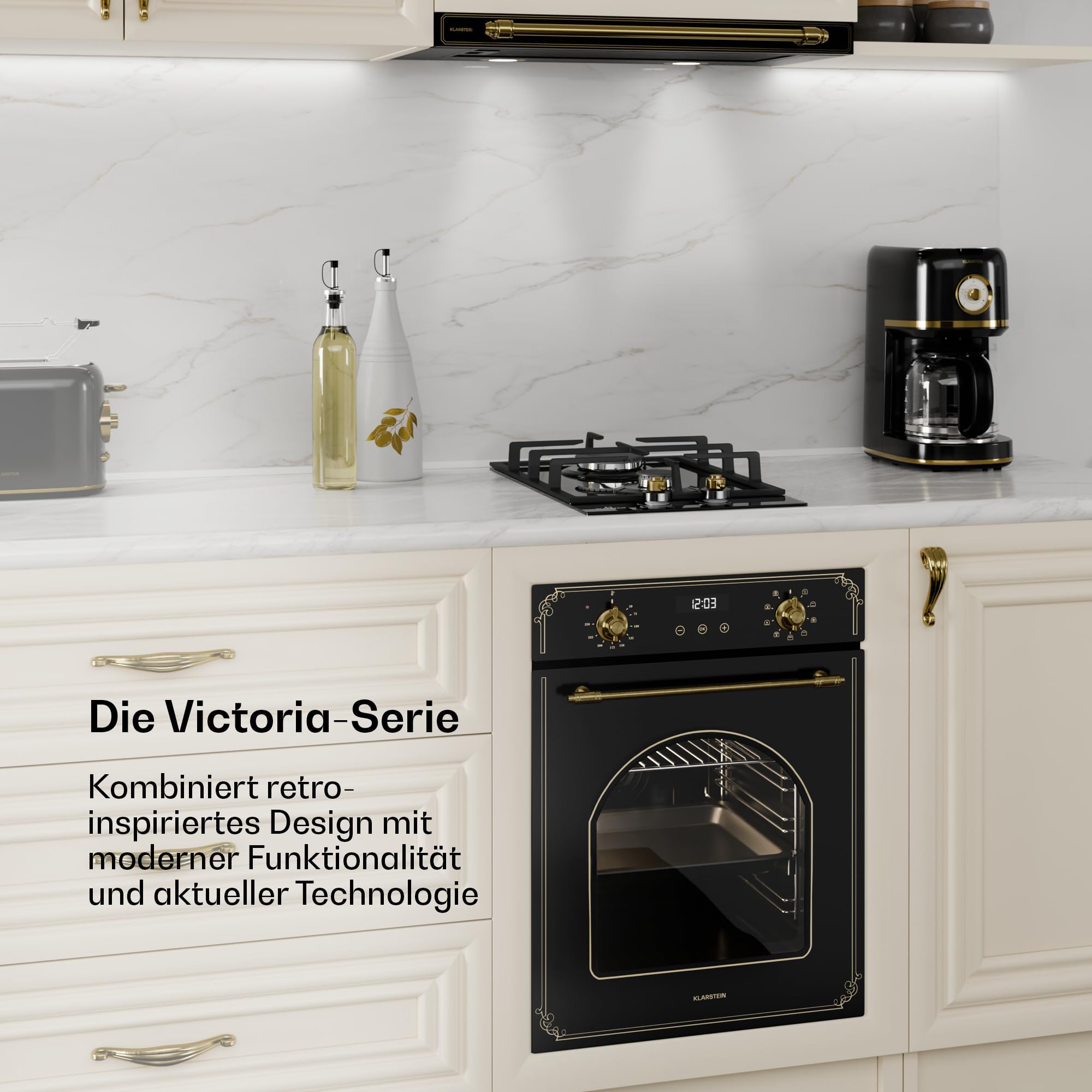 Klarstein Victoria - Gaskochfeld Gasherd, Einbau, Sabaf-Brenner, Erdgas/Propangas, Sicherheitsventile, automatische Abschaltung, Topfträger aus Gusseisen, Glaskeramik Retro-Look, 2-flammig, schwarz