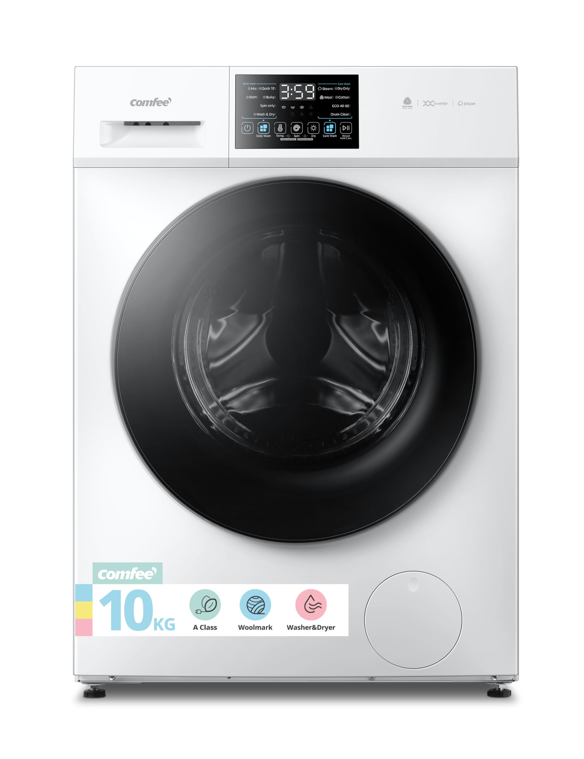 COMFEE' Freestanding Washer Dryer 2 in 1,10KG/7KG Load,60cm,Steam Care,BLDC Motor,Auto Dry,Woolmark,Touch Panel,White-CFP03ED100W-UK