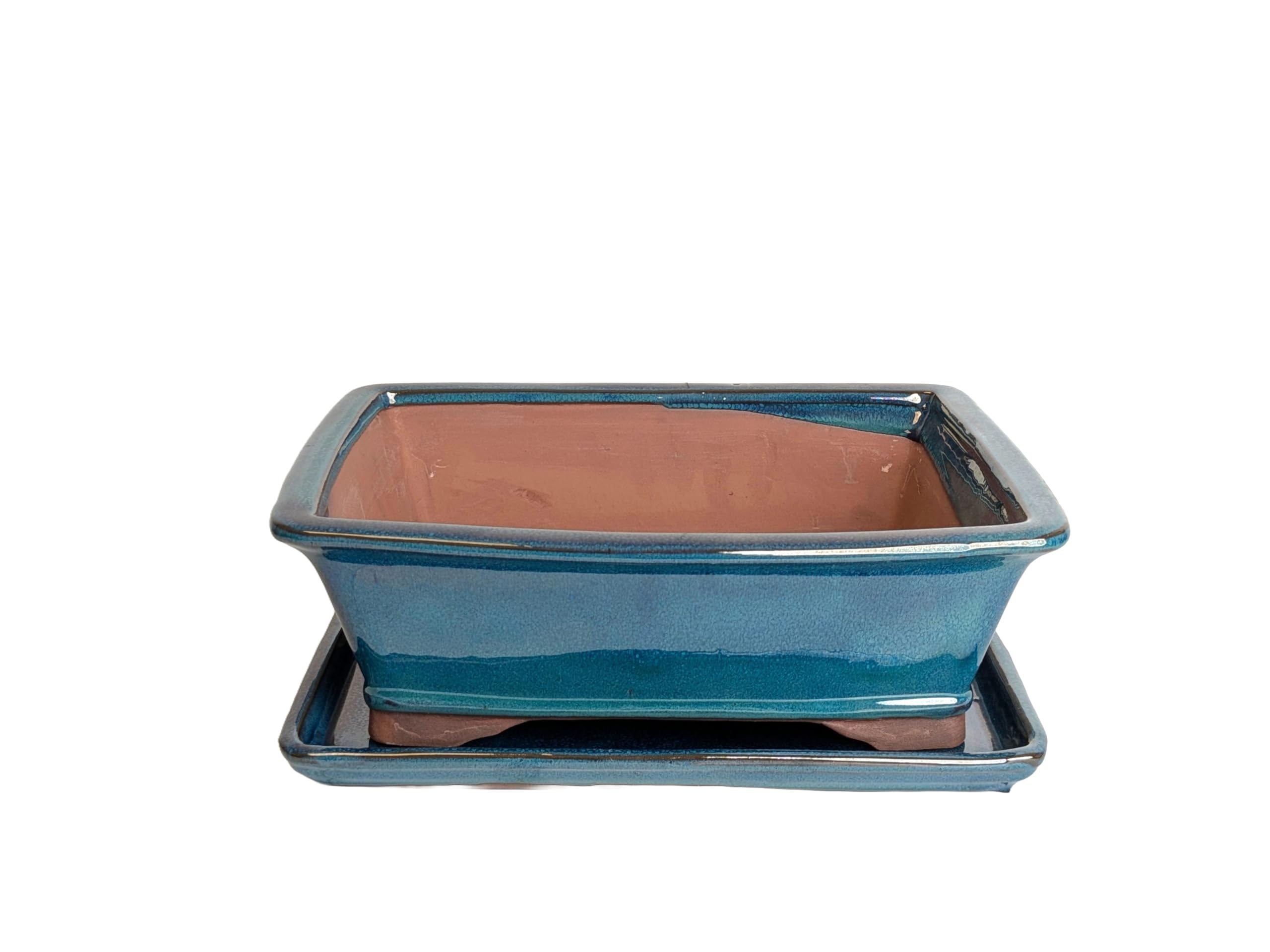 Glazed Ceramic Bonsai Pots with Matching Drip Trays (Blue, 30cm)
