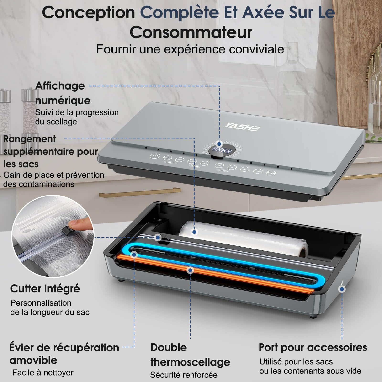 YASHE 80KPA Machine Sous Vide Alimentaire avec Couvercle Magnétique, 10-en-1 Double Pompe et Double Scellage Machine Sous Vide, Rangement de Rouleau Intégré, 1 Rouleau de Sacs Inclus