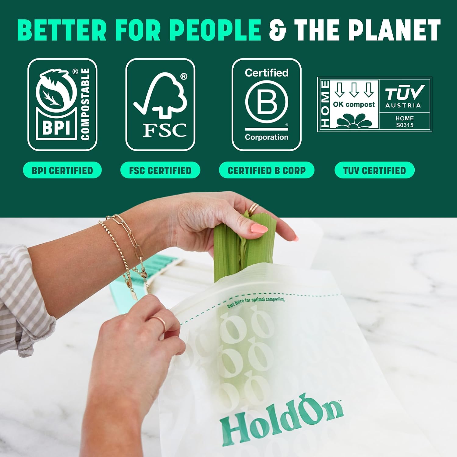 HoldOn Compostable Gallon Freezer Bags, 25 Bags - Leak Proof Gallon Bags for Travel & Kitchen Meal Prep & On-The-Go Snacks - Resealable Food Storage Zip Lock Bags - BPA-Free, BPI Certified