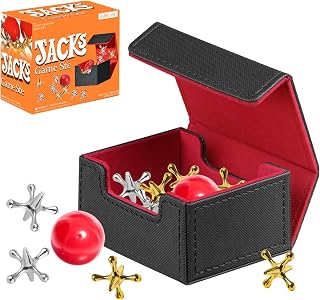 BIBELUN Jumping Metal Jacks Game Set with 2 Balls Classic PU Leather Storage Box 20 Nostalgic Jax Game for Family Fun Retro Play,Jackstones Games Set,Old School Floor Game