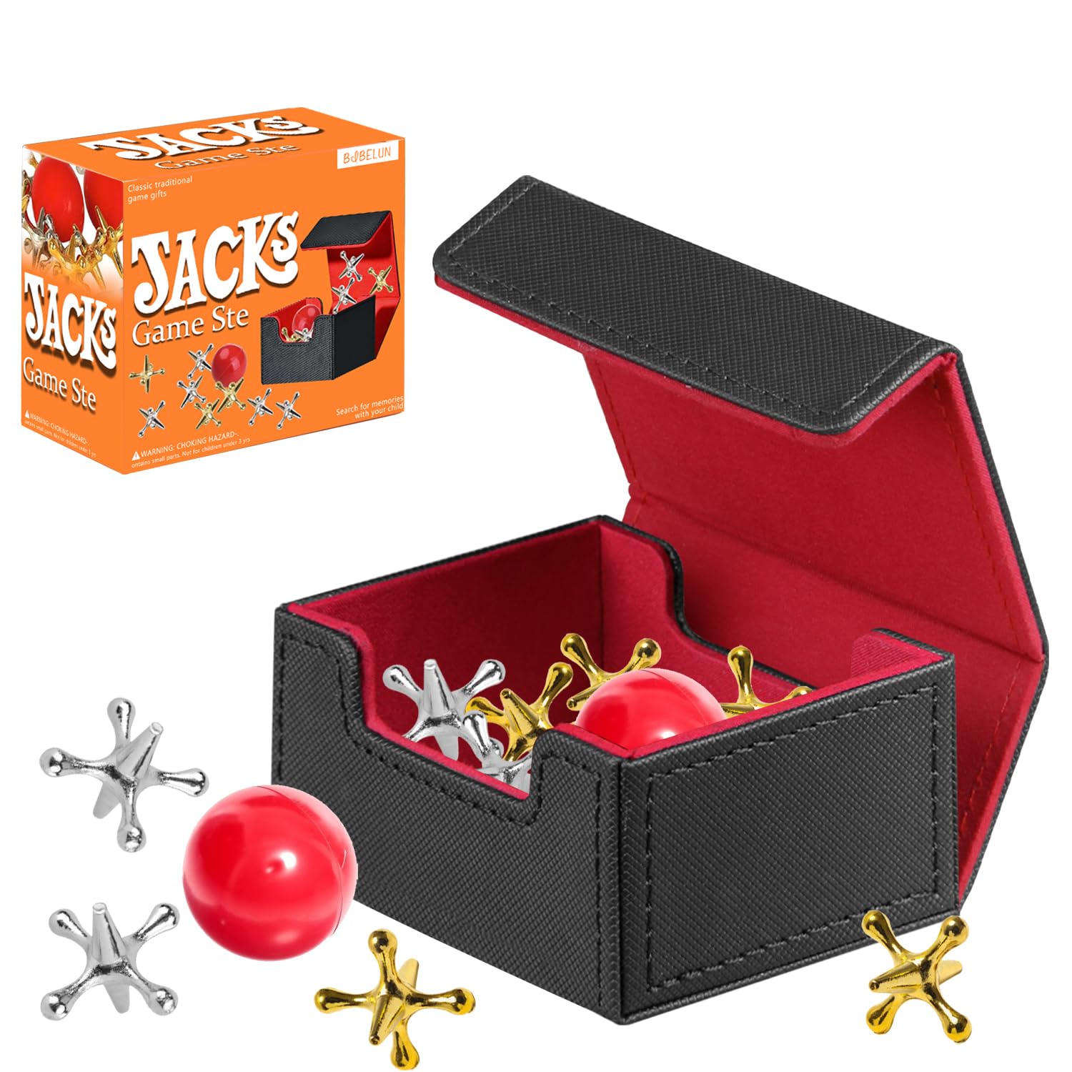 BIBELUN Jumping Metal Jacks Game Set with 2 Balls Classic PU Leather Storage Box 20 Nostalgic Jax Game for Family Fun Retro Play,Jackstones Games Set,Old School Floor Game