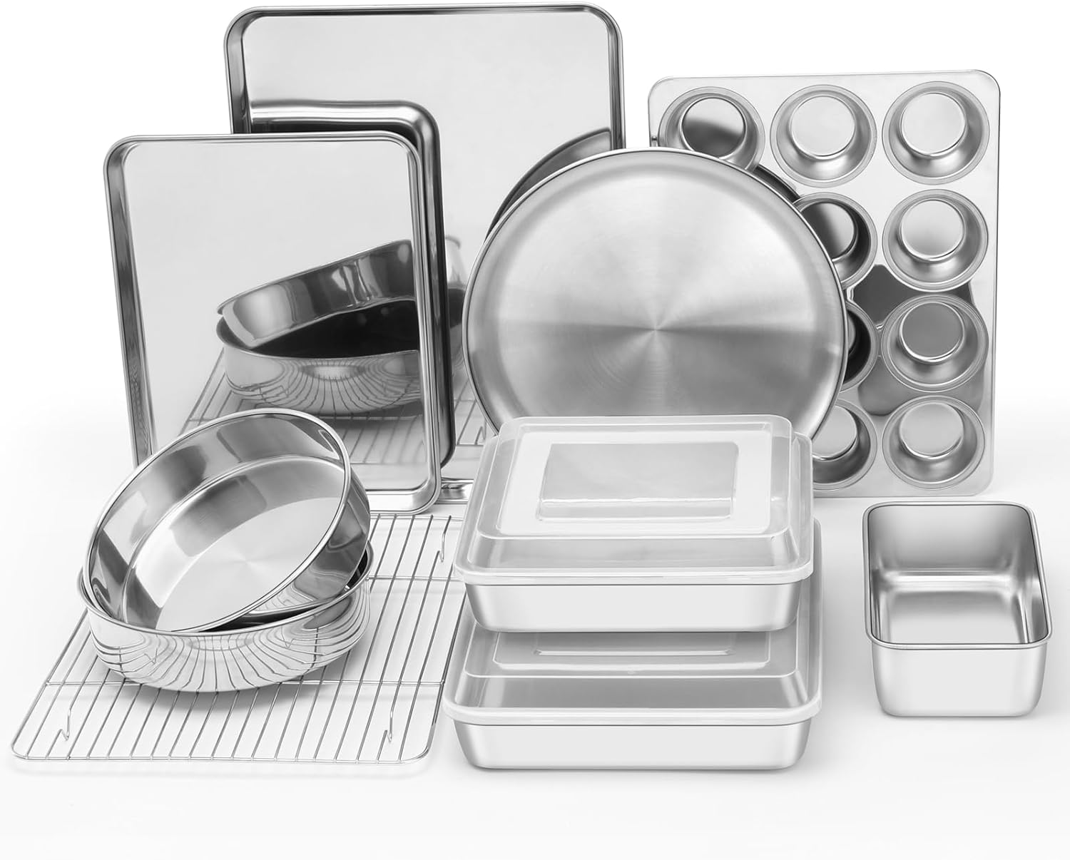 E-far 12-Piece Bakeware Sets, Stainless Steel Baking Pan Set Includes Cookie Sheet, Round Square Rectangle Cake Pans with Lids, Multi-Functional for Loaf Muffin Pizza, Non-toxic & Dishwasher Safe E-far 12-Piece Bakeware Sets, Stainless Steel Baking Pan Set Includes Cookie Sheet, Round Square Rectangle Cake Pans with Lids, Multi-Functional for Loaf Muffin Pizza, Non-toxic & Dishwasher Safe