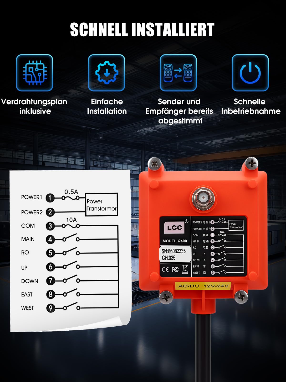 Kran Funk Fernbedienung 4 Tasten 12-24V Industrie Funksteuerung für Elektrokettenzug Brückenkran Laufkran Drahtlos 433/480MHz IP65 Not-Aus Einhand Sender 100m Reichweite für Hebezeug & Winde