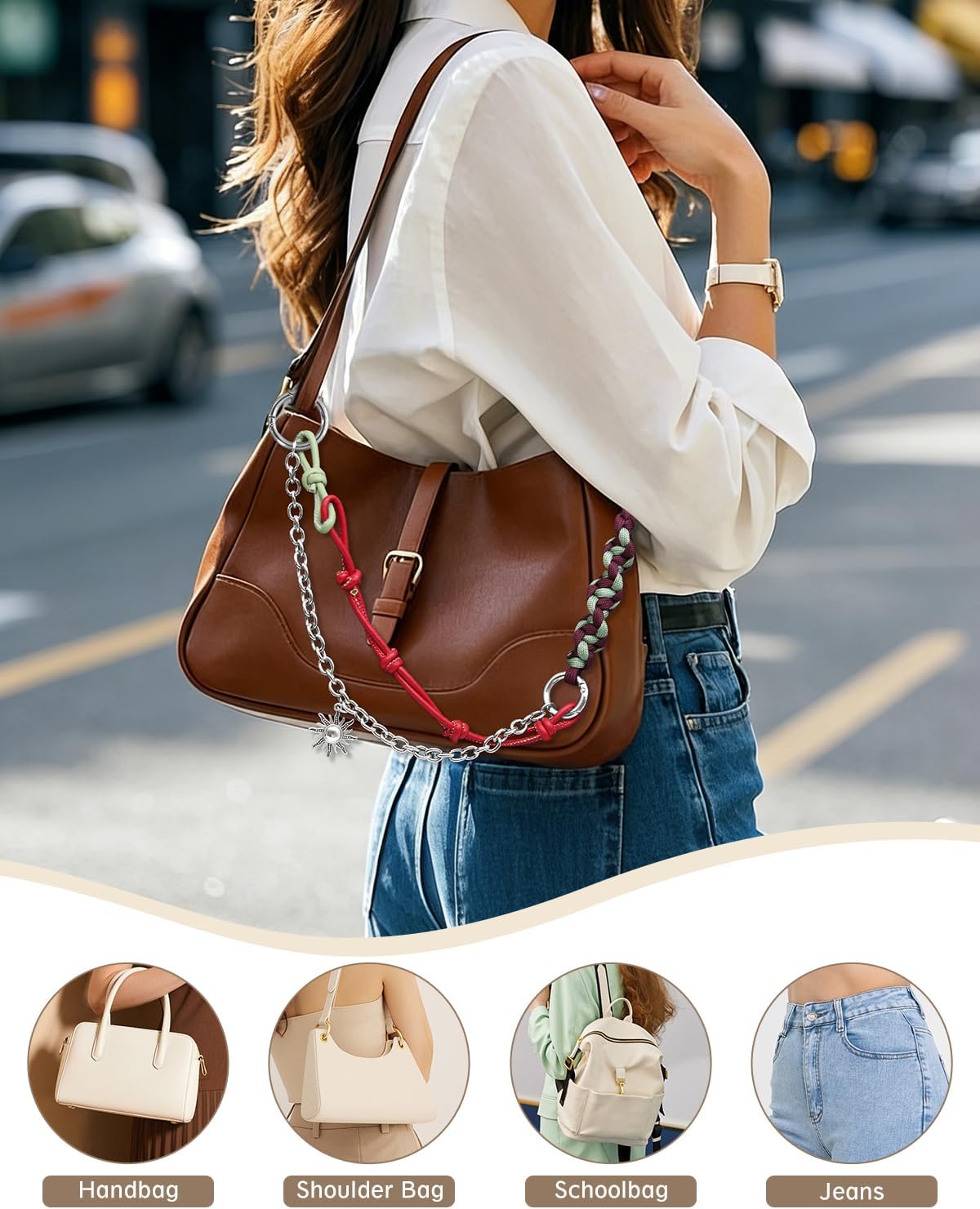 Boho Braided Leather Bag Charm Chain, Handmade Woven Decorative Bag Accessory for Women Purses Handbags