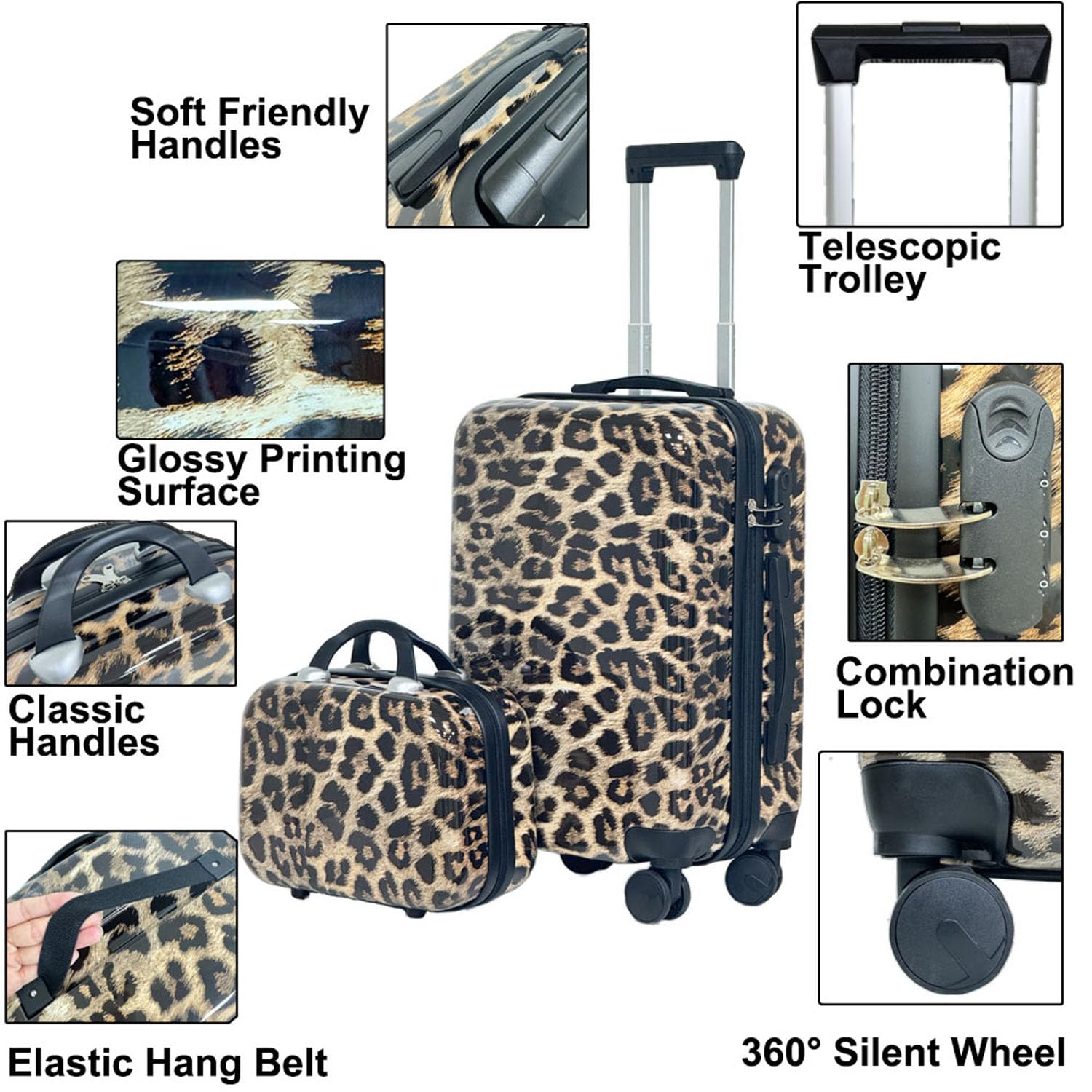 Set di valigie con motivo leopardato, dotato di ruote universali silenziose e trolley telescopico (Marrone(14+20+24+28))