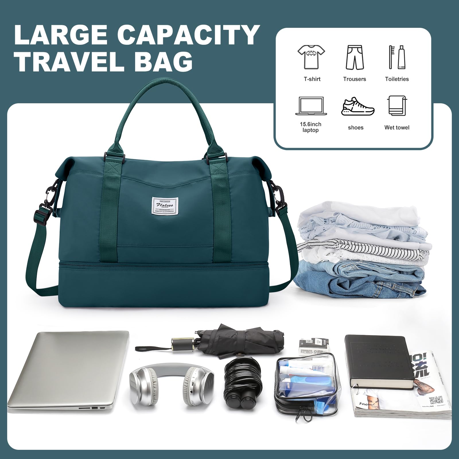 HPLQQ Borsone da Viaggio Donna Bagaglio a Mano Easyjet 45x36x20, Borsa Sportiva Borsone da Palestra con Scomparto per le Scarpe, Borsa da Weekend, Ospedale Parto, Danza,A03-Blu Pavone