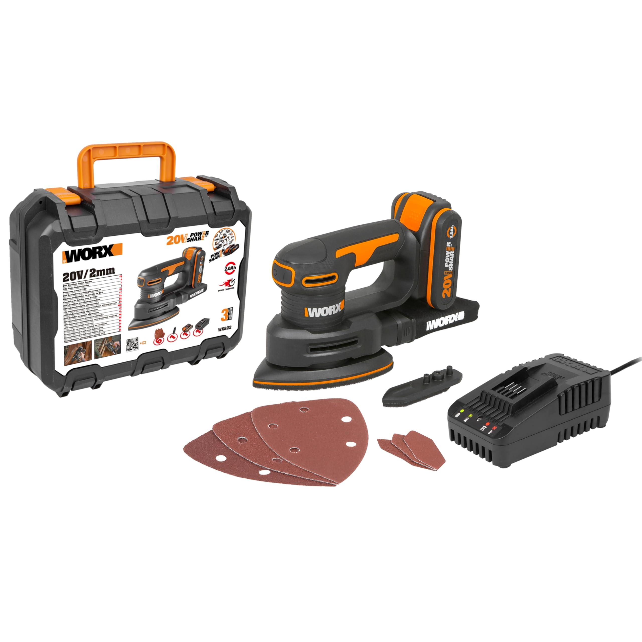WORX Ponceuse Triangulaire sans Fil 20V WX822, Idéale pour Poncer les Meubles en Bois, Portes, Coins, etc, Système Anti Vibration, Livrée Avec 1 Batterie 2Ah, Chargeur Rapide et Accessoires