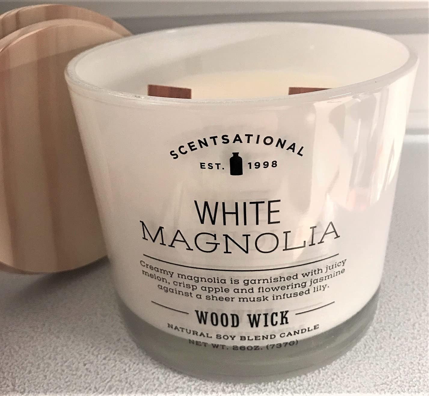 Natural Soy Wax Blend Scented Candle White Magnolia XL White Jar with Wooden Wicks, 26 Oz.