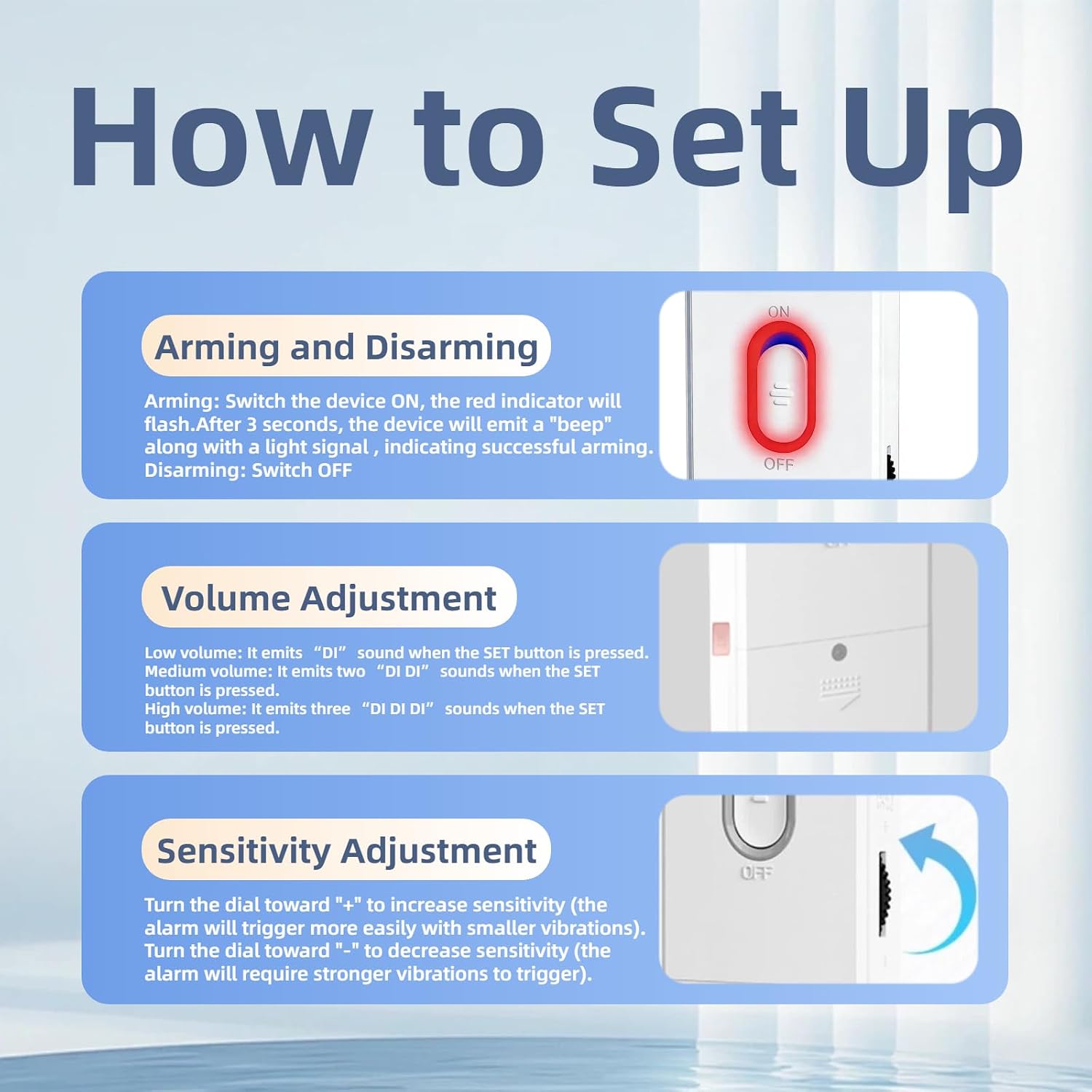 Door Window Open Alarm Sensors, 130dB and 0.3in Alarms for Kids Safety, Dementia, Pool with 3-Level Volume Control and Low Battery Alert