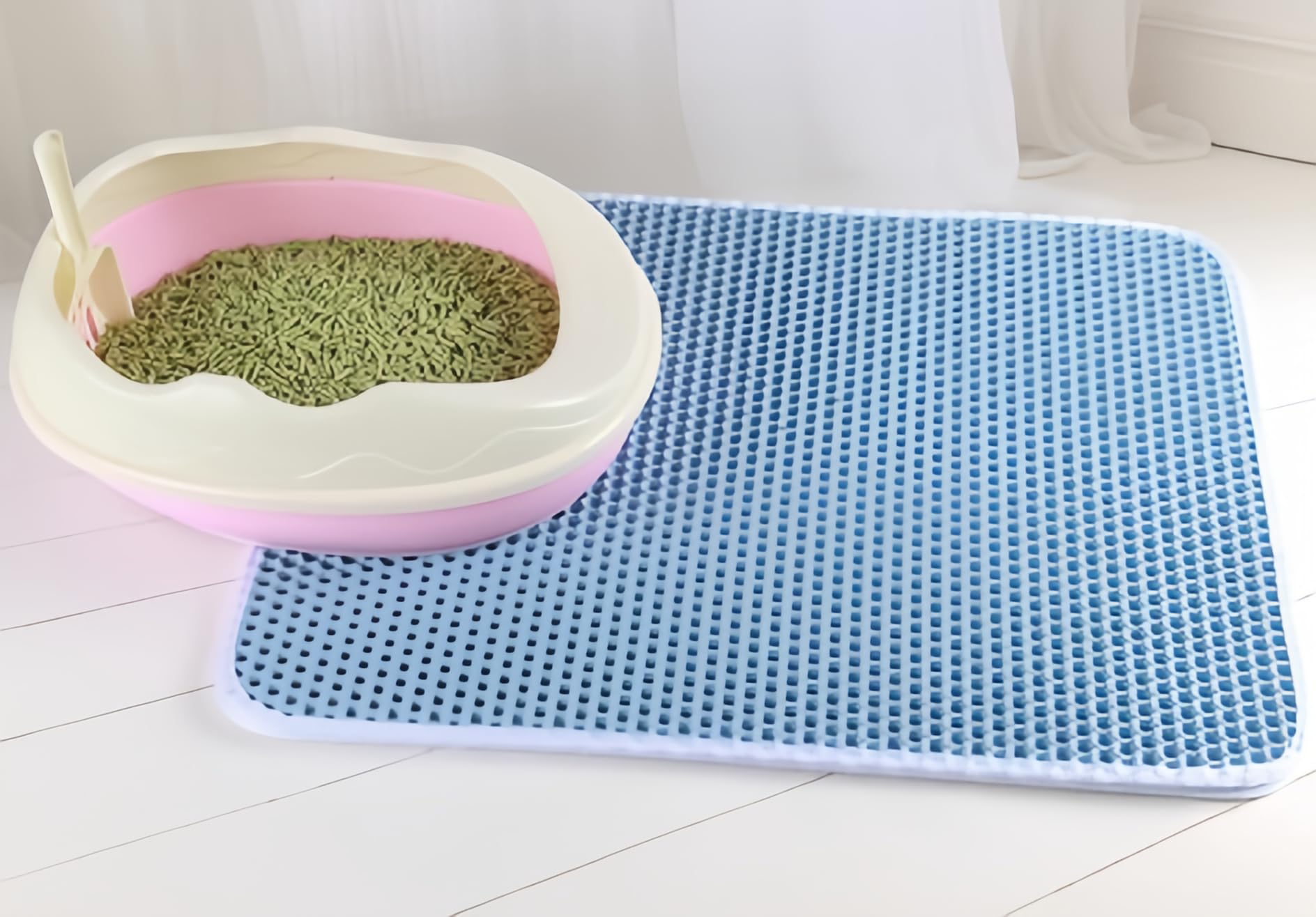 Xisnuient Honeycomb Cat Mat, Traps Litter, Two Layer Trapping Kitty Mats, Scatter Control, Soft on Paws, Indoor Box Supplies and Essentials,Easier To Clean, Washable (55x75cm,Blue)
