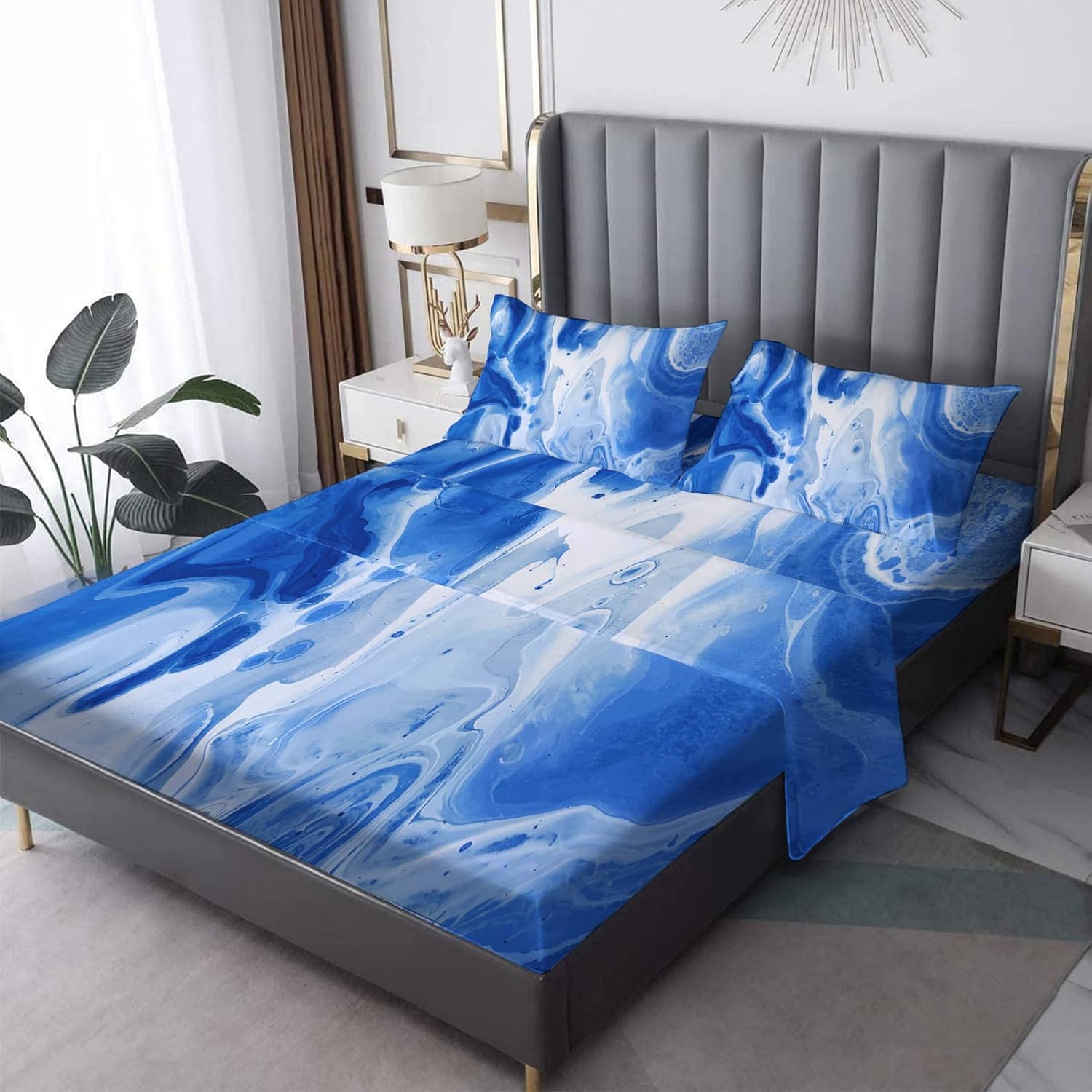 Marble Sheets Twin Sheet Set Blue and White Abstract Bed Sheets, Soft Microfiber