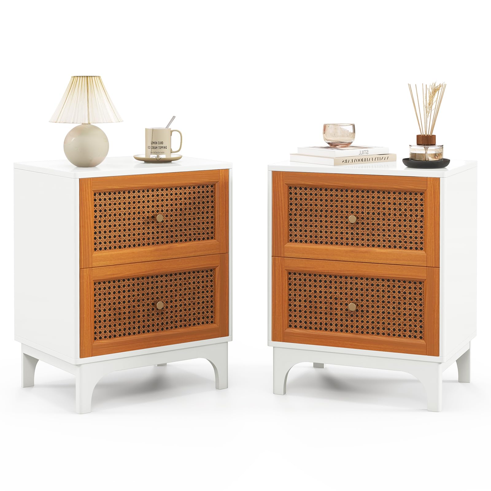 COSTWAY Mesitas de Noche de Madera Ratán, Mesillas de Noche Dormitorio Bohemia con 2 Cajones, Patas de Madera Pino, Mesa Cabecera Dormitorio, 46 x 33 x 59,5 cm, Blanco y Marrón (2)