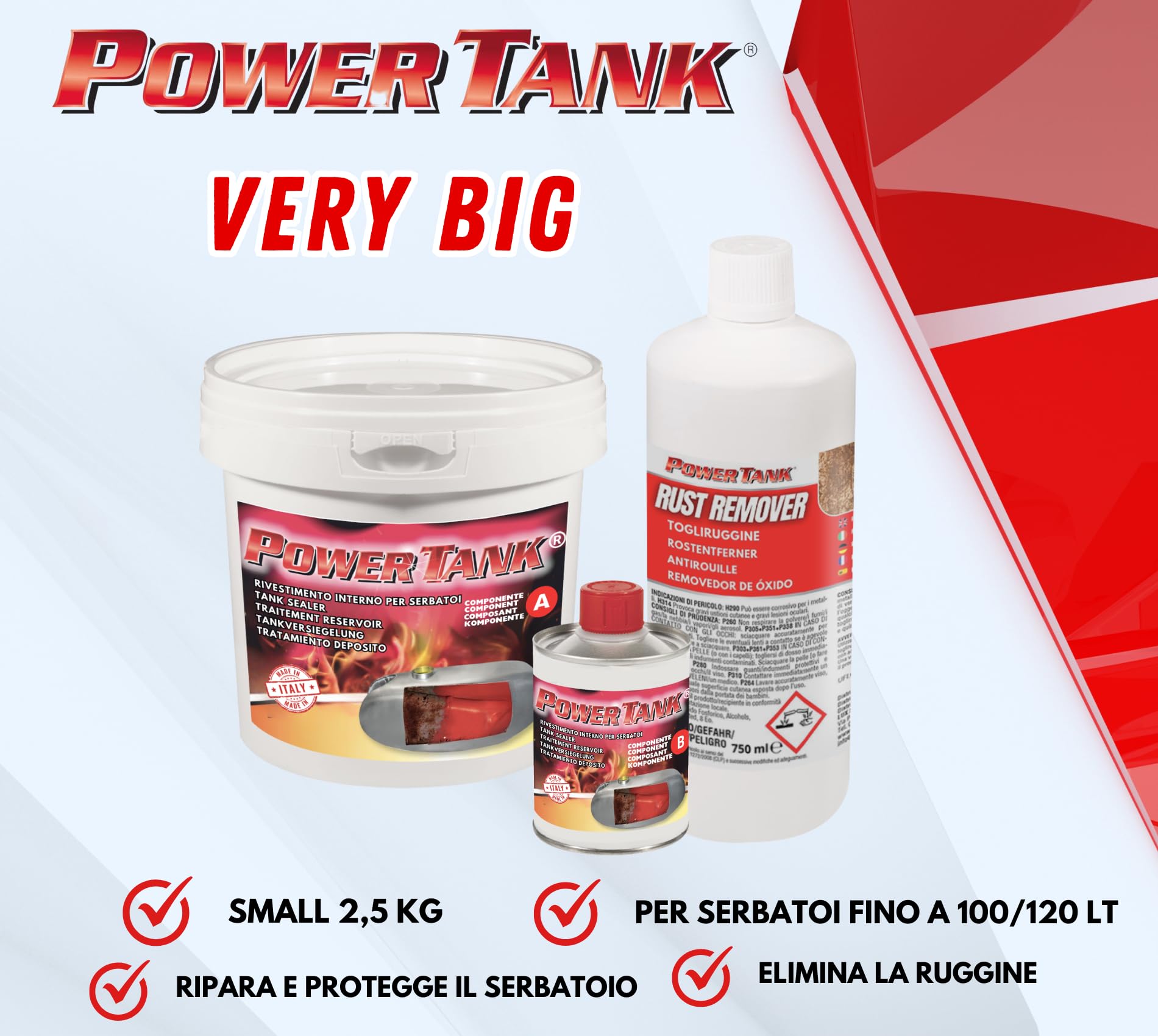 POWER TANK Trattamento Serbatoio Moto Auto (100/120 Litri) Kit Very Big 2,5 kg per Interno Serbatoi Benzina Diesel Gasolio Elimina la Ruggine Ripara Protegge Arrugginito Vespa d'Epoca con Antiruggine