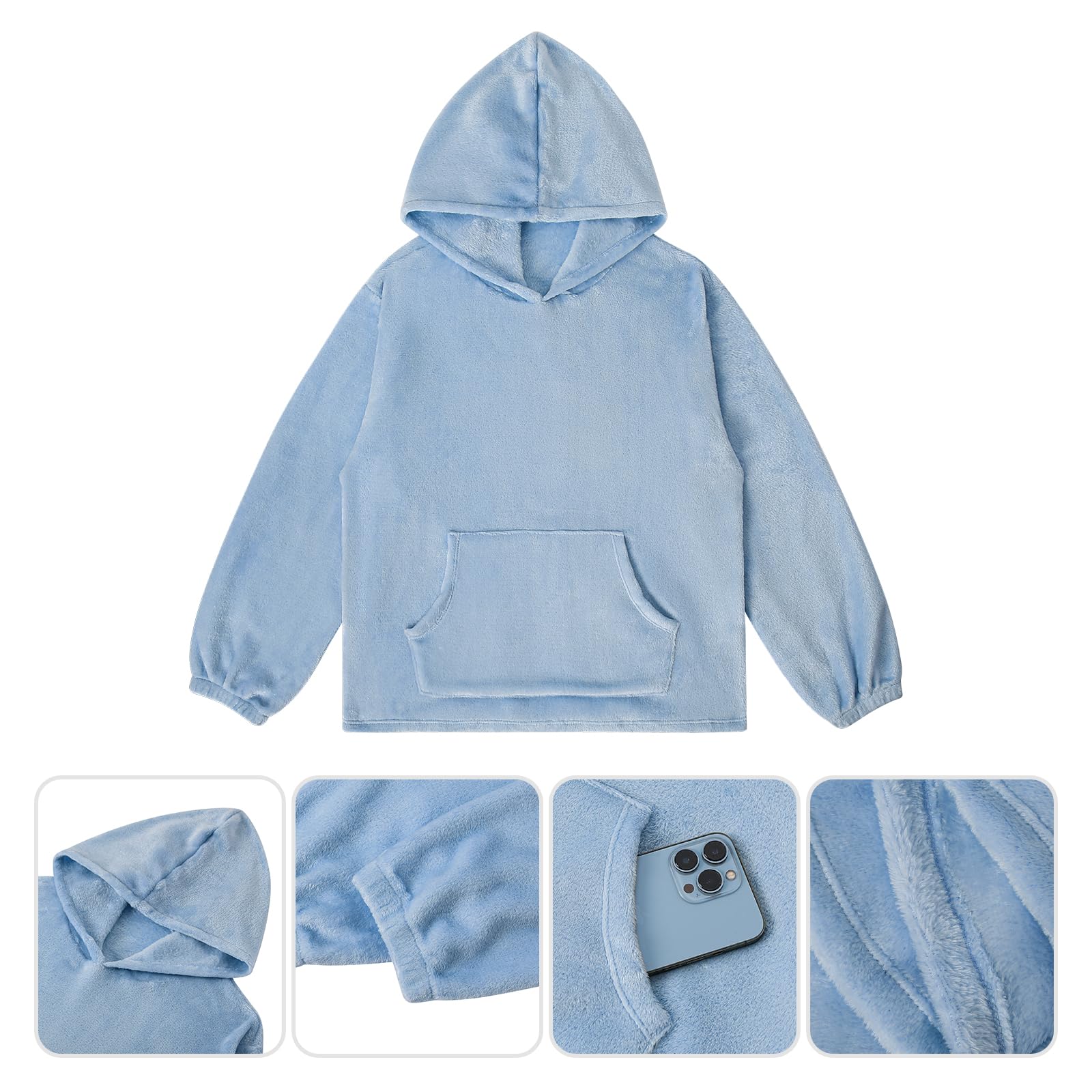 LACOFIA Pigiami in Pile Due Pezzi da Donna Pigiama Set Invernale con Cappuccio Abbigliamento Caldo da Notte a Maniche Lunghe Adulto Pigiama di Coppia Azzurro L