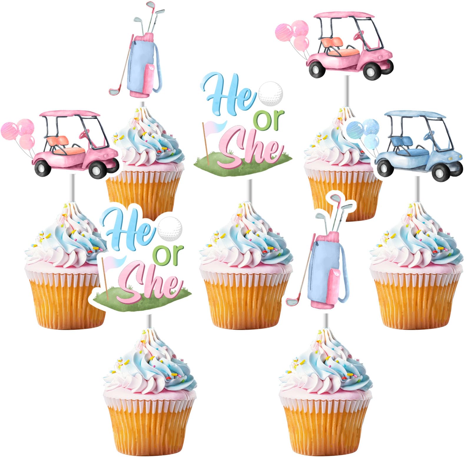Sursurprise 36Pcs Golf Theme Gender Reveal Cupcake Toppers