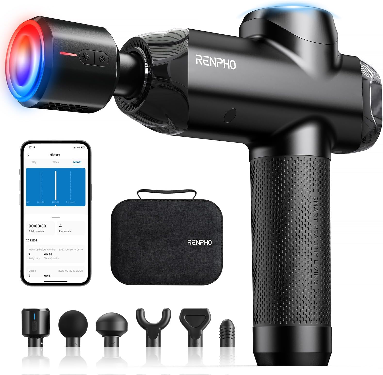 RENPHO Massage Gun Deep Tissue with Heat and Cold, Percussion Muscle Massage Gun Bluetooth with 12mm Amplitude, Handheld Massager Gun, Power+ Thermacool