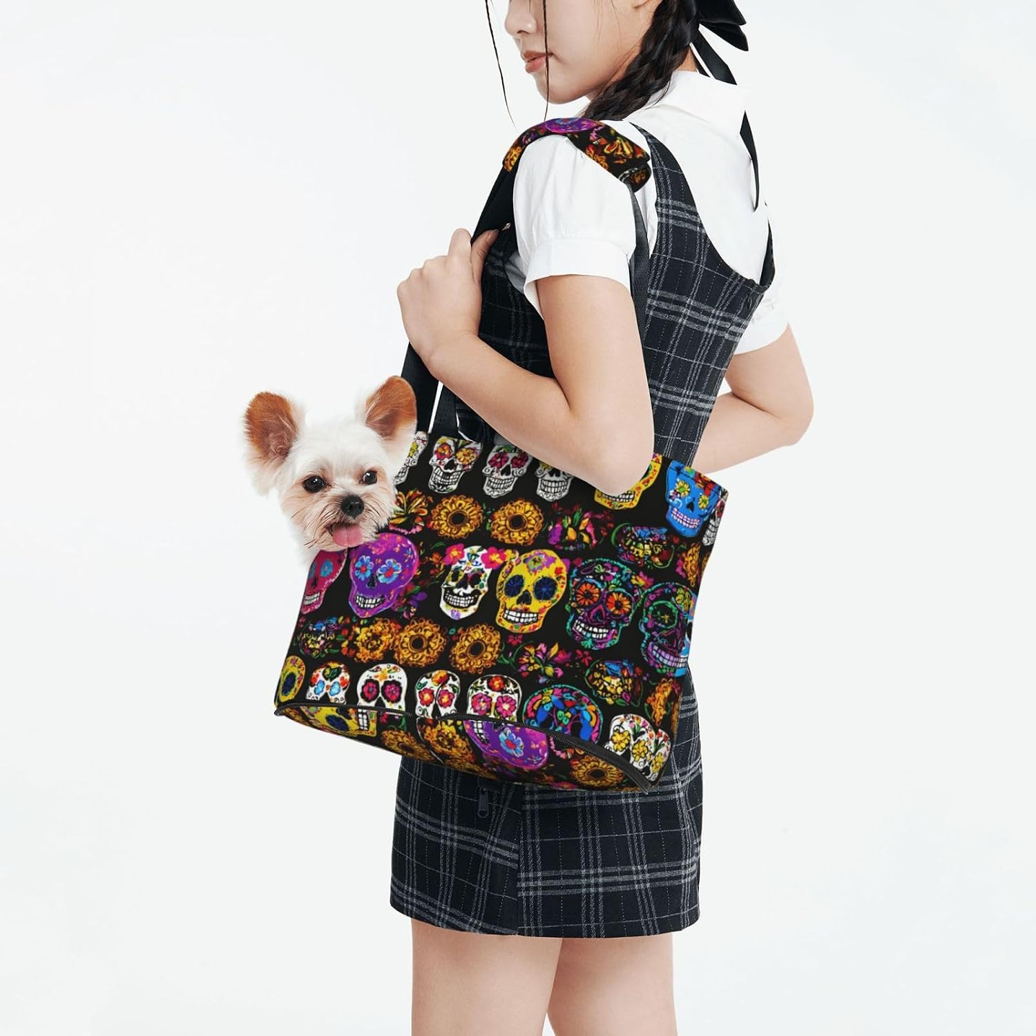 Rose Skull Print Portable Foldable Shoulder Bag for Travel,with Collar Hook and Handle Pad,Cute Stylish Design