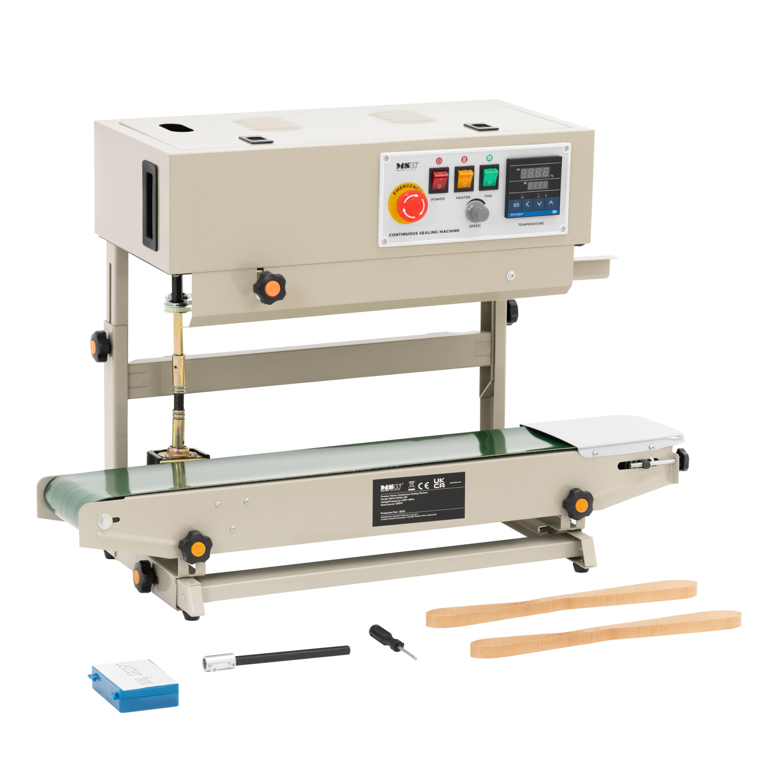 MSW MSW-CSMH-100 Automatische Versiegelungsmaschine vertikal kontinuierlich 6-12 mm Schweißnaht Förderband Siegelmaschine Beutel-Versiegelungsmaschine mit Notausschalter
