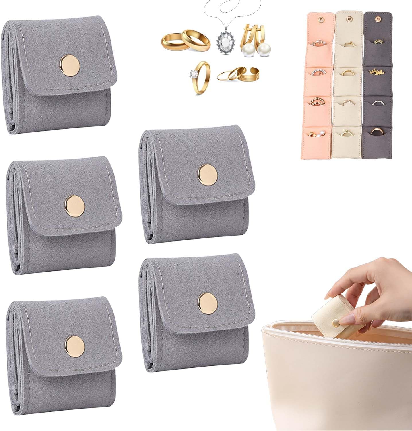 Mini Travel Jewelry Bag, Portable Foldable Jewelry Organizer with Buckle Clasp & Storage, Women's Compact Jewelry Case for Vacation (Grey,5PCS)