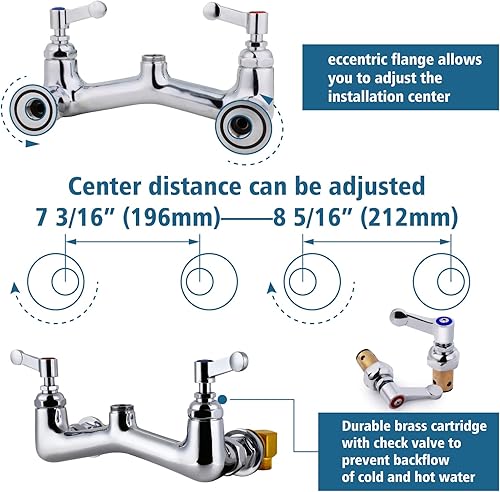 Miniatura 3 de Grifo de fregadero comercial de montaje en pared con grifo de fregadero de cocina central de 8 pulgadas, con boquilla giratoria de 10 pulgadas y
