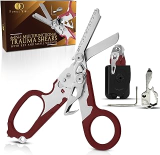 6 in 1 Trauma Shears Multi Tool - Foldable Stainless Steel Tactical Shears with Strap Cutter, Ring Cutter & Glass Breaker for EMT, Camping, Survival, Rescue & First Aid - Red