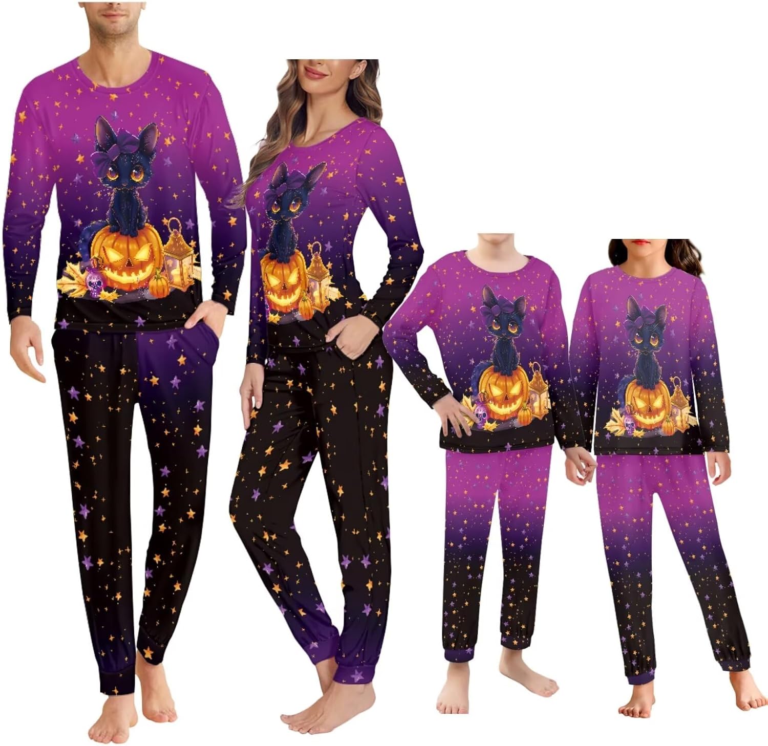 FOR U DESIGNS Family Matching Halloween Pajamas Set Long Sleeve Round Neck Sleepwear with Pockets Elastic Waist Loungewear