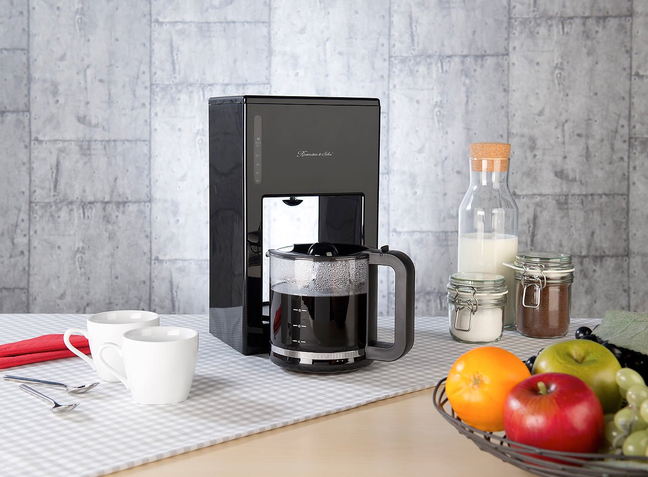 Rosenstein & Söhne Cafeteras de goteo - cafetera de filtro: Diseño moderno- Cafetera, para hasta 12 tazas, 1,5 litros, 1.000 vatios (moderna, filtro de diseño, taza)