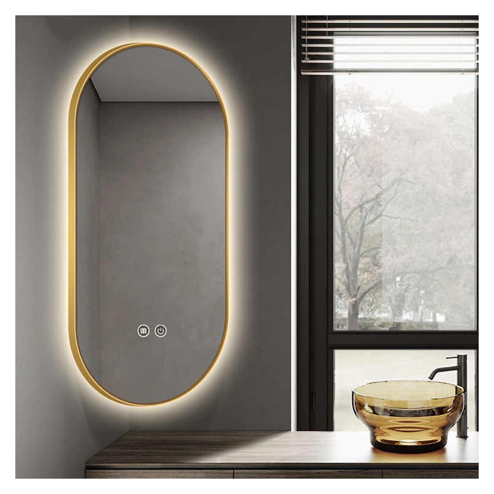 YCOVSFP Swivel Corner Mirror,Illuminated Oval Wall-Mounted Mirror,Bathroom Mirror with Aluminum Alloy Frame,Infinitely Dimmable in 3 Colors,for Home and Hotel(Gold,60x100cm)