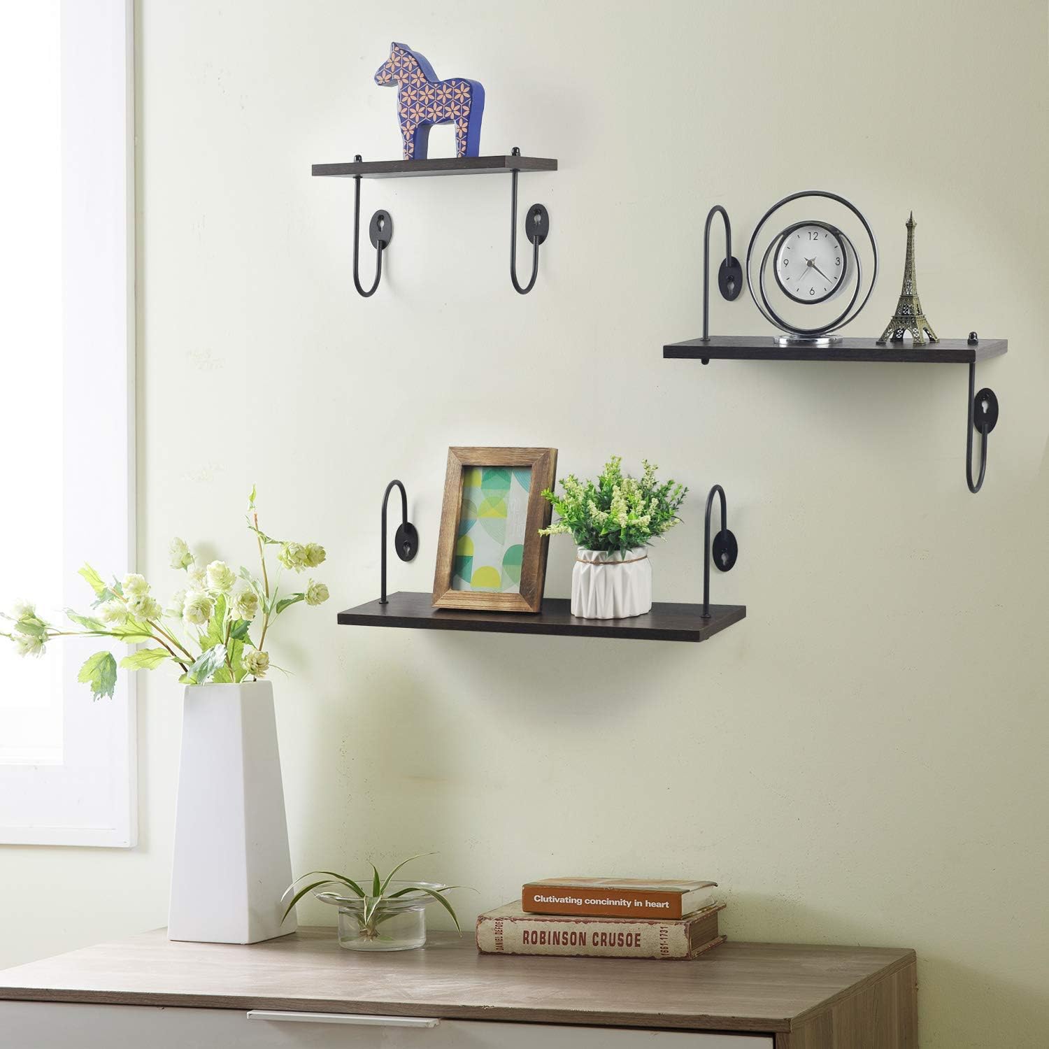 Olakee Floating Shelves Wall Mounted Rustic Wood Wall Shelves Set of 3 for Bedroom Bathroom Kitchen Office Walnut