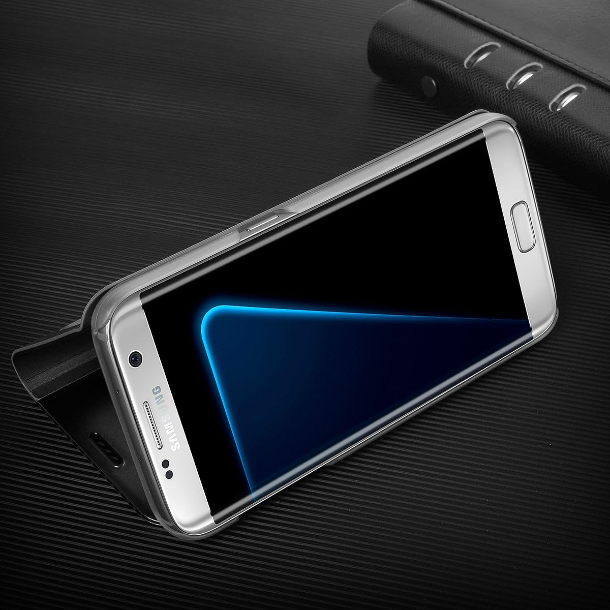 AICase Galaxy S7 Edge Case, Luxury Translucent View Window Sleep/Wake Up Function Cover Mirror Screen Flip Electroplate Plating Stand Full Body Protective Case for Samsung Galaxy S7 Edge (Black)