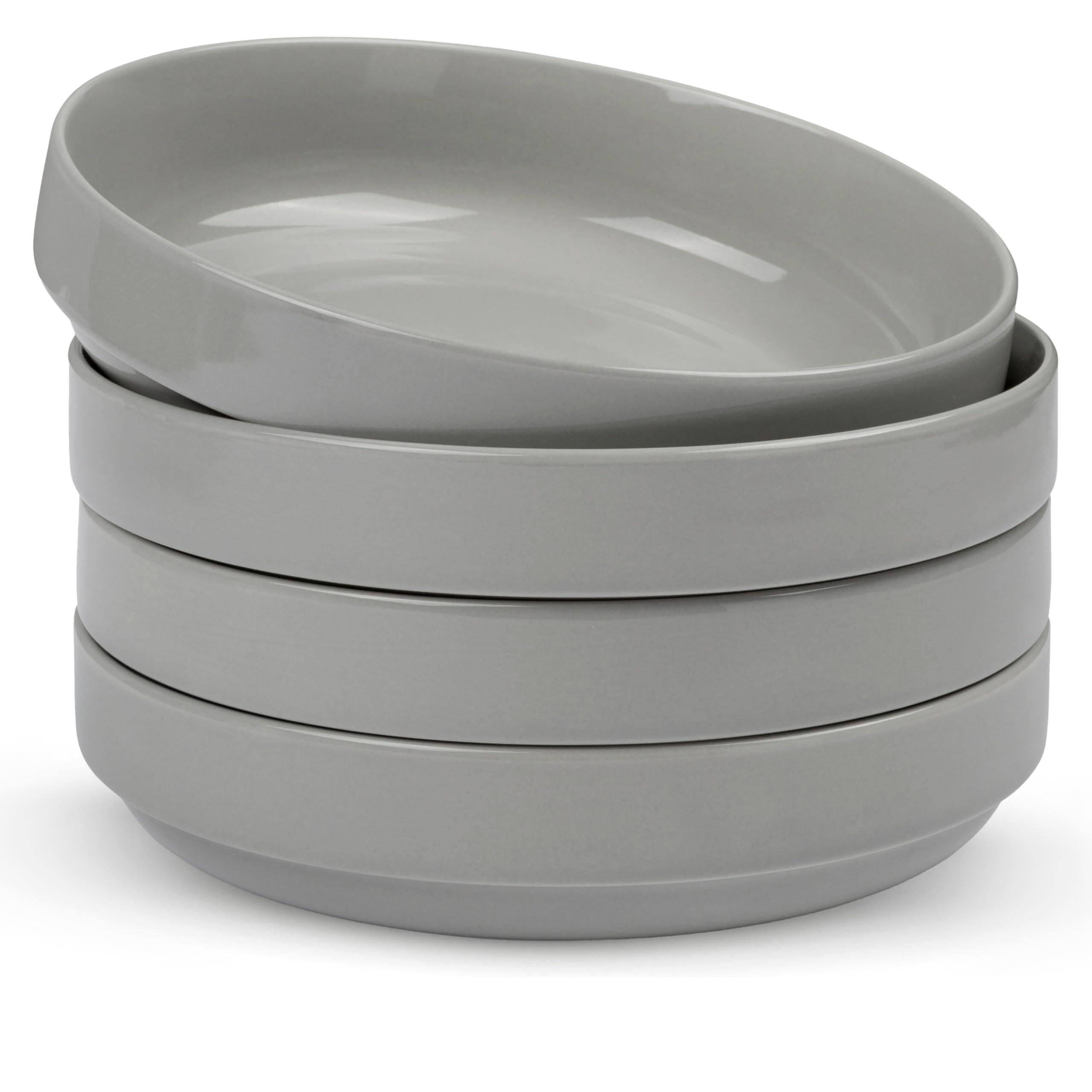 KooK Cuencos grandes de cerámica para pasta, aptos para microondas y lavavajillas, ideales para sopas y ensaladas, cuencos poco profundos, porcelana brillante, 48 onzas, juego de 4, gris polvo
