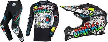 ONEAL Element Rancid Motocross Dirt Bike Jersey Pant and Offroad 2 SRS Helmet Combo Black/White,JRSY LRG/W34/HLMT XXL