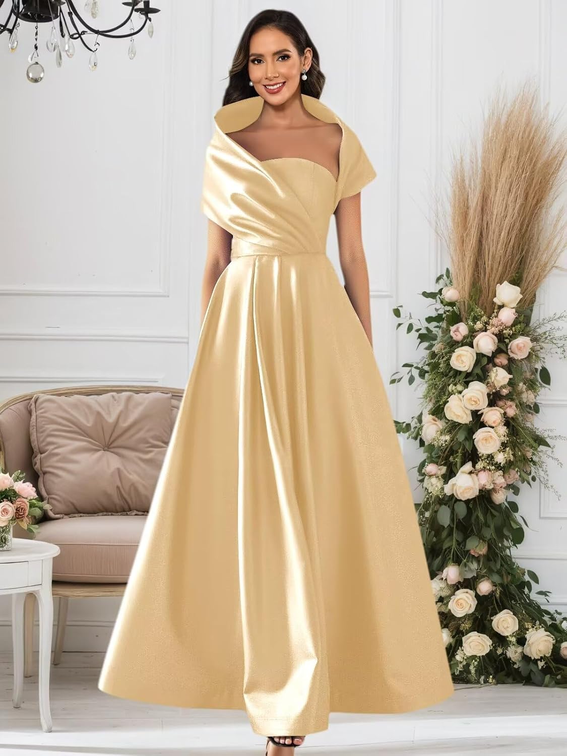 Off Shoulder Satin Mother of Bride Dresses for Wedding Aline Grandmother Formal Evening Gowns with Pockets