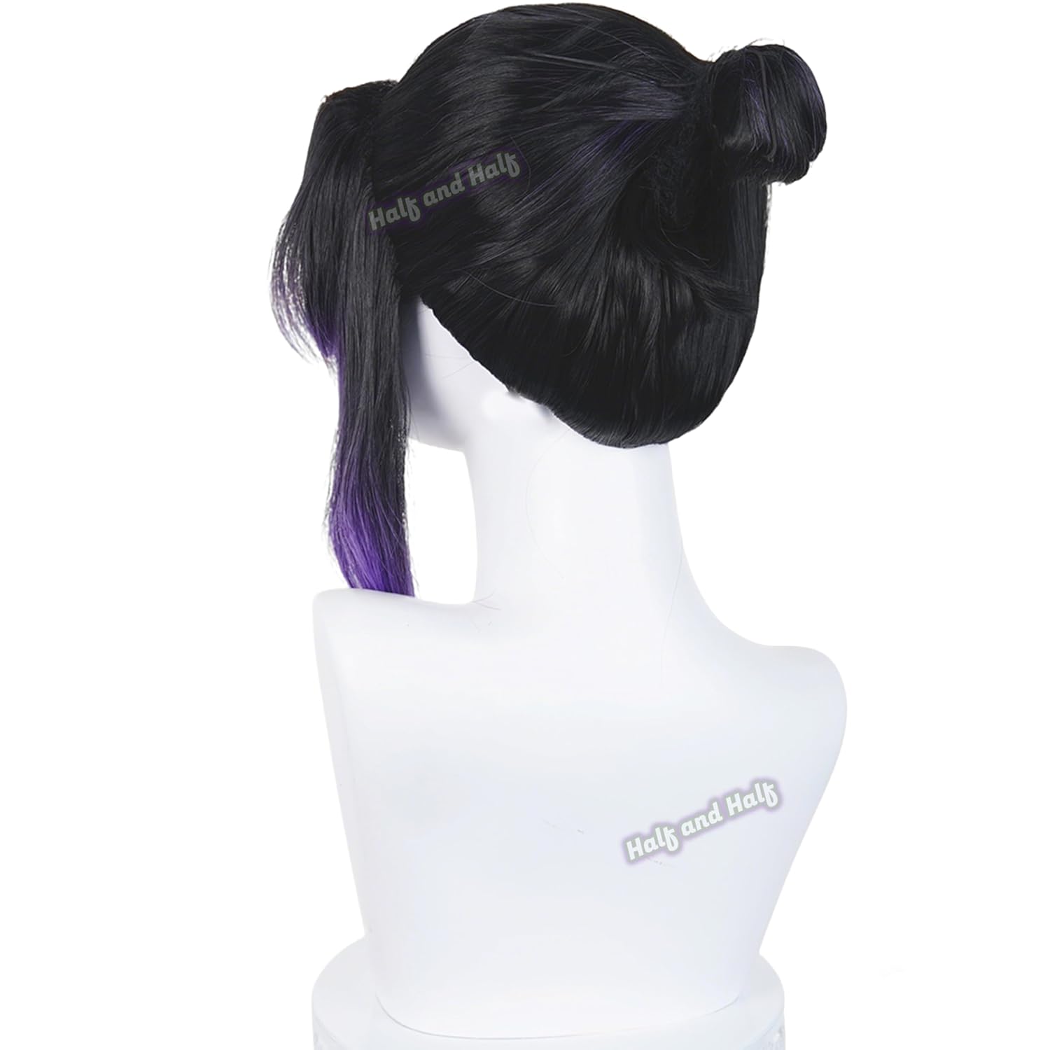Shinobu Kochou Cosplay Wig + Butterfly Hairpin Short Black and Purple Anime Wigs with Bangs & Bun for Women Halloween Themed Party